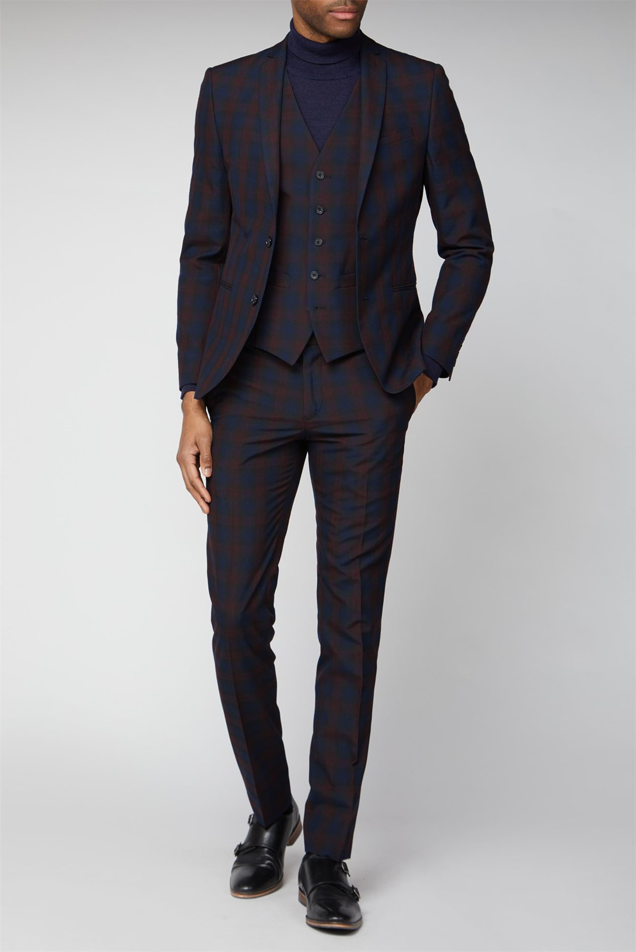 Limehaus | Navy & Burgundy Checked Skinny Fit Suit | Suit Direct