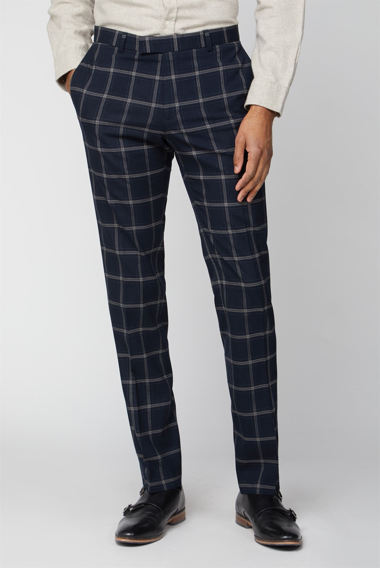 Limehaus | Navy & Beige Checked Slim Trousers | SuitDirect.co.uk