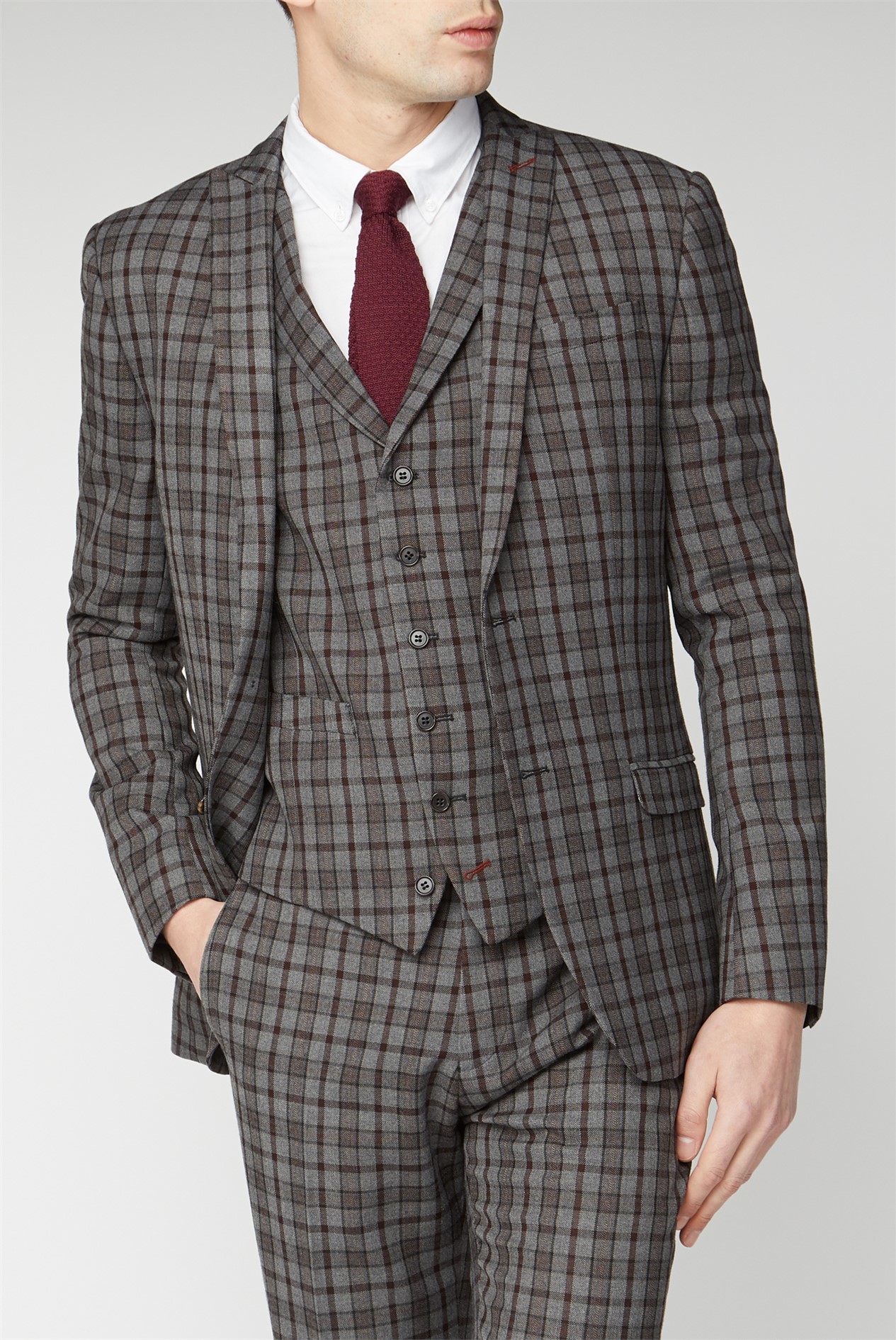 Limehaus | Grey & Burgundy Checked Slim Fit Suit | Suit Direct