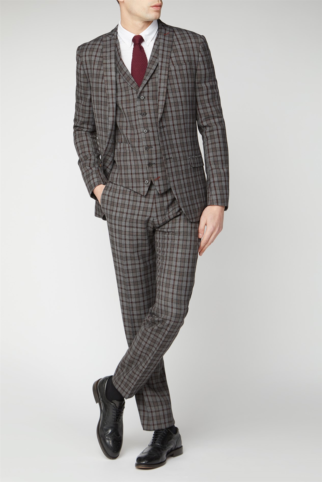 Limehaus | Grey & Burgundy Checked Slim Fit Suit | Suit Direct