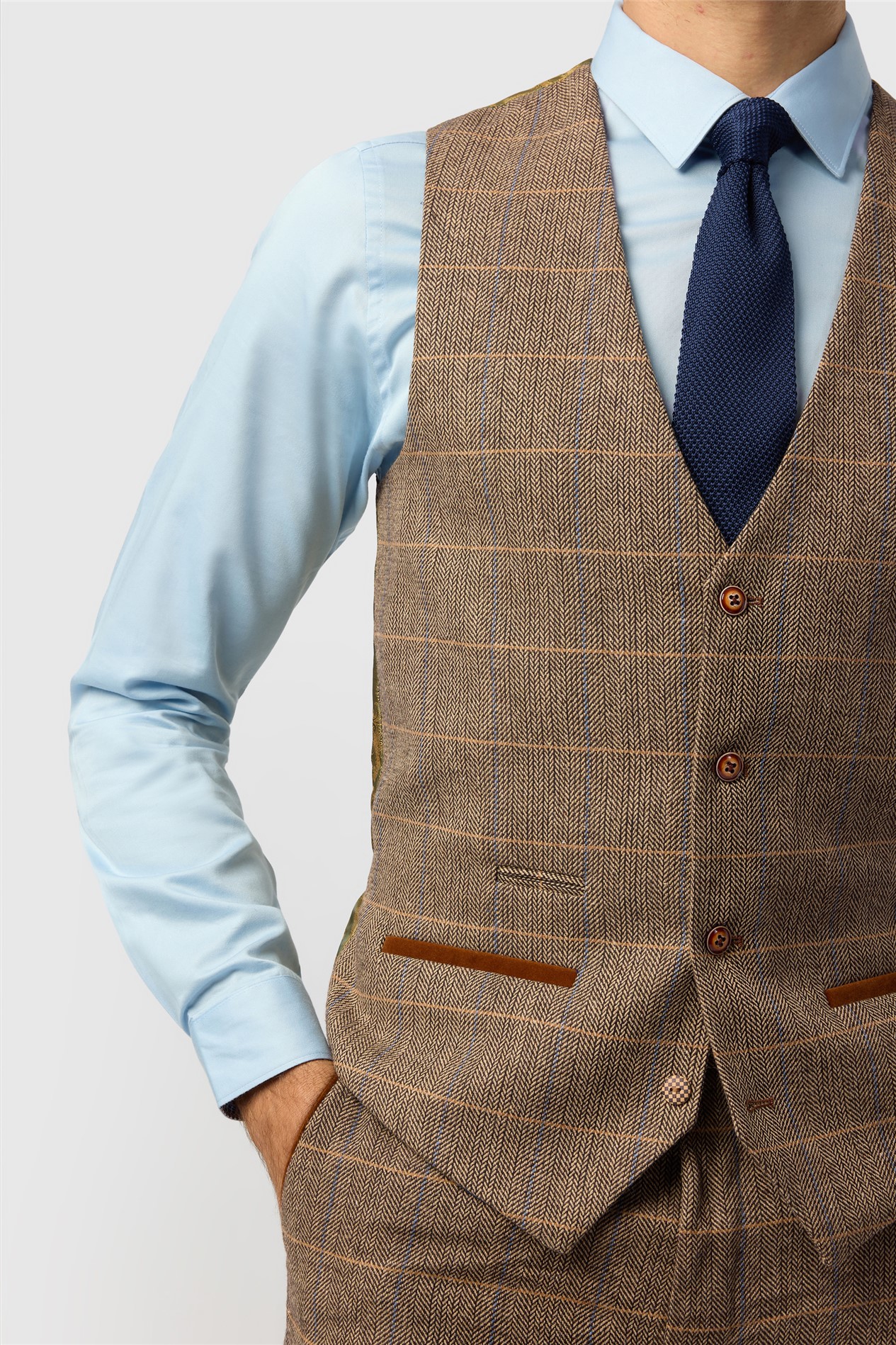 Marc Darcy Tailored Fit Ted Tan Check Suit Waistcoat