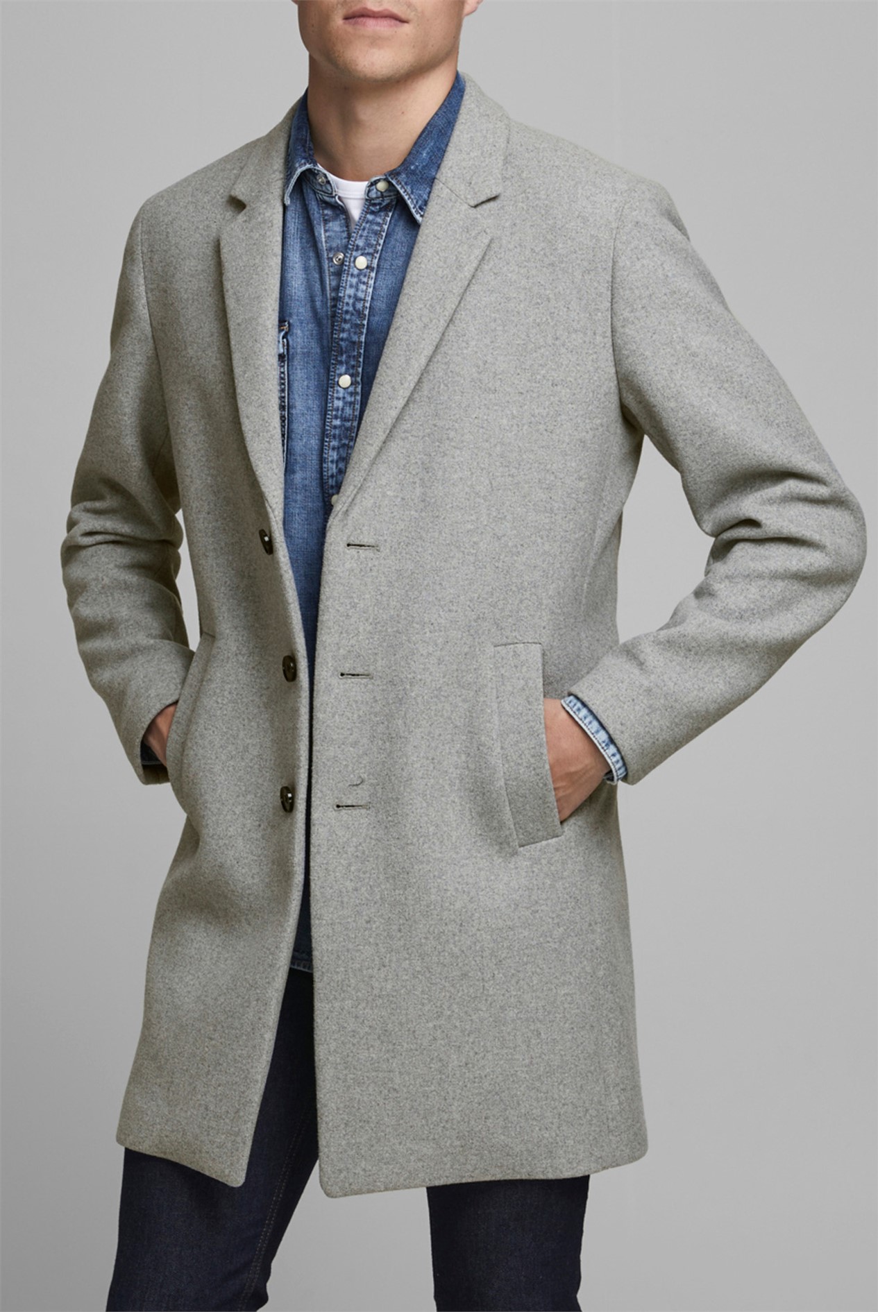 Jack & Jones Grey Wool Blend Overcoat SuitDirect.co.uk