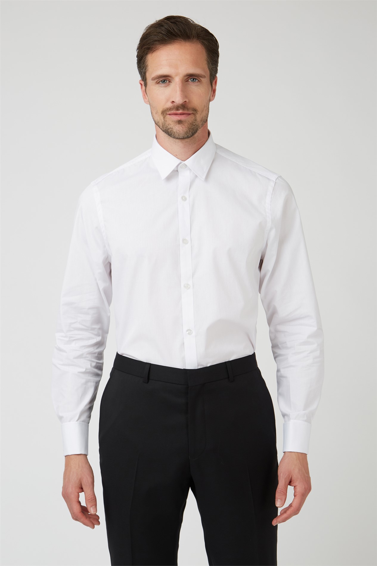  Regular Fit Double Cuff Point Collar White Poplin Shirt