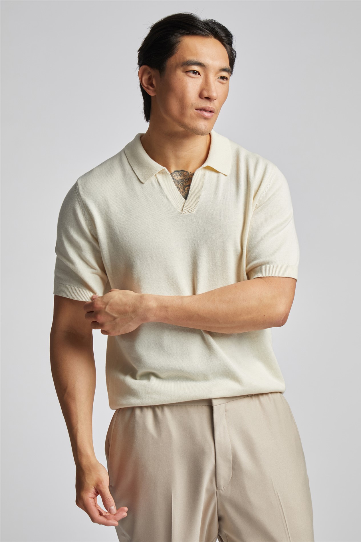 Limehaus Ecru Open Neck Knitted Polo