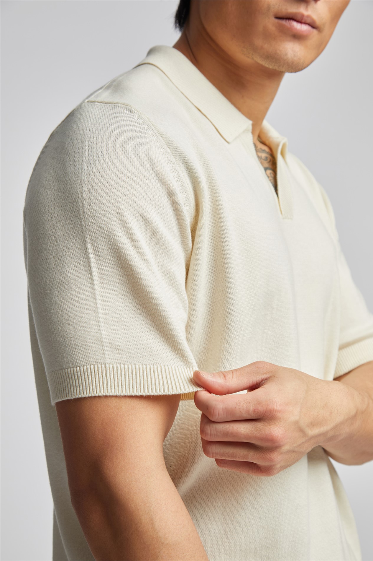 Limehaus Ecru Open Neck Knitted Polo