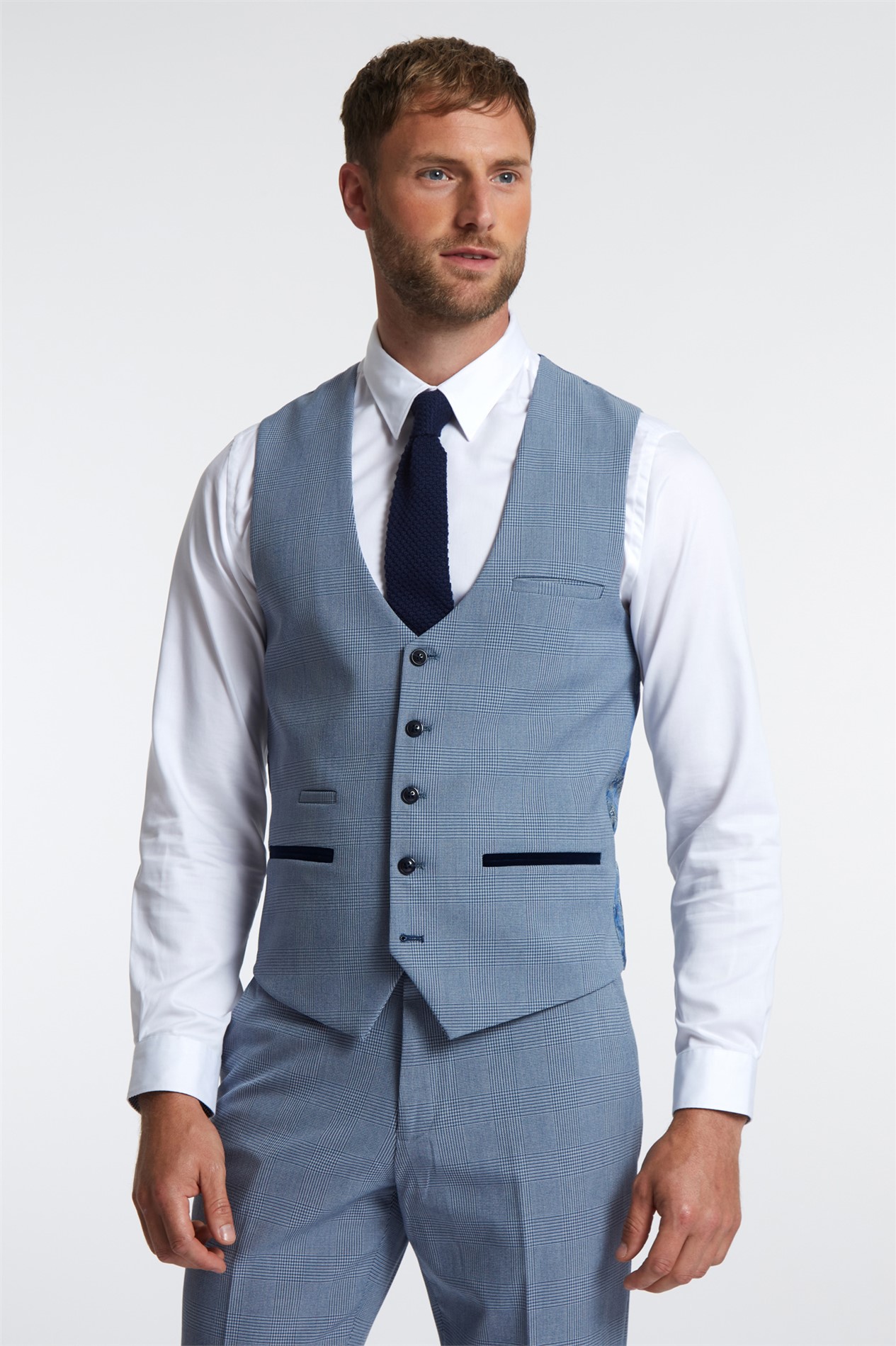 Marc Darcy Slim Fit Bromley Sky Blue Check Waistcoat