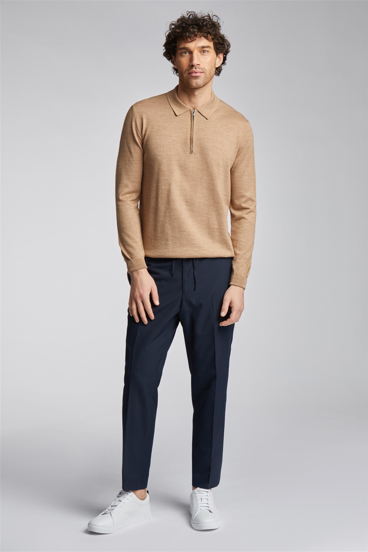 Limehaus Sand Knitted Zip Polo Jumper | Suit Direct