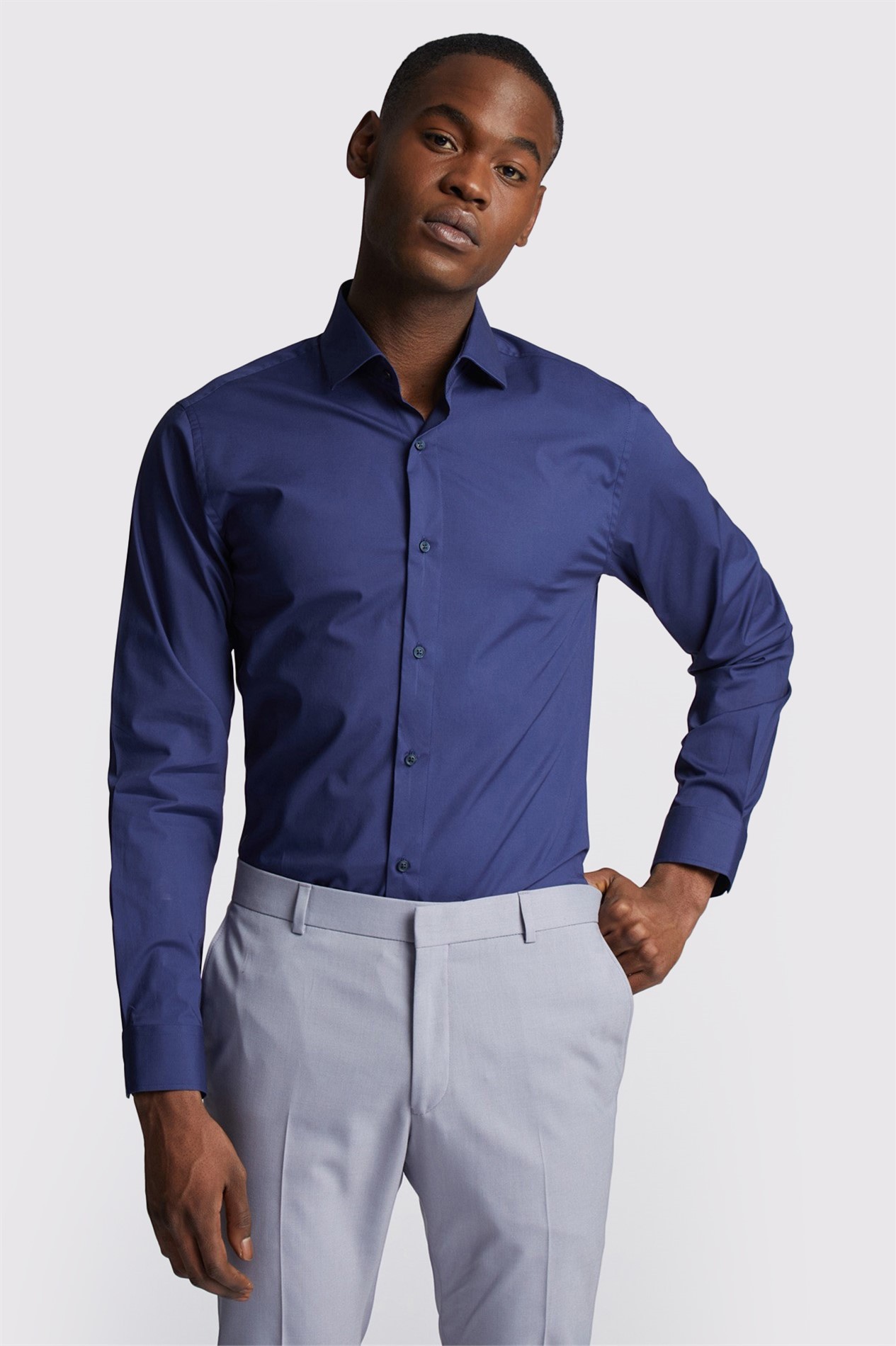 Limehaus Slim Fit Navy Stretch Cutaway Collar Shirt