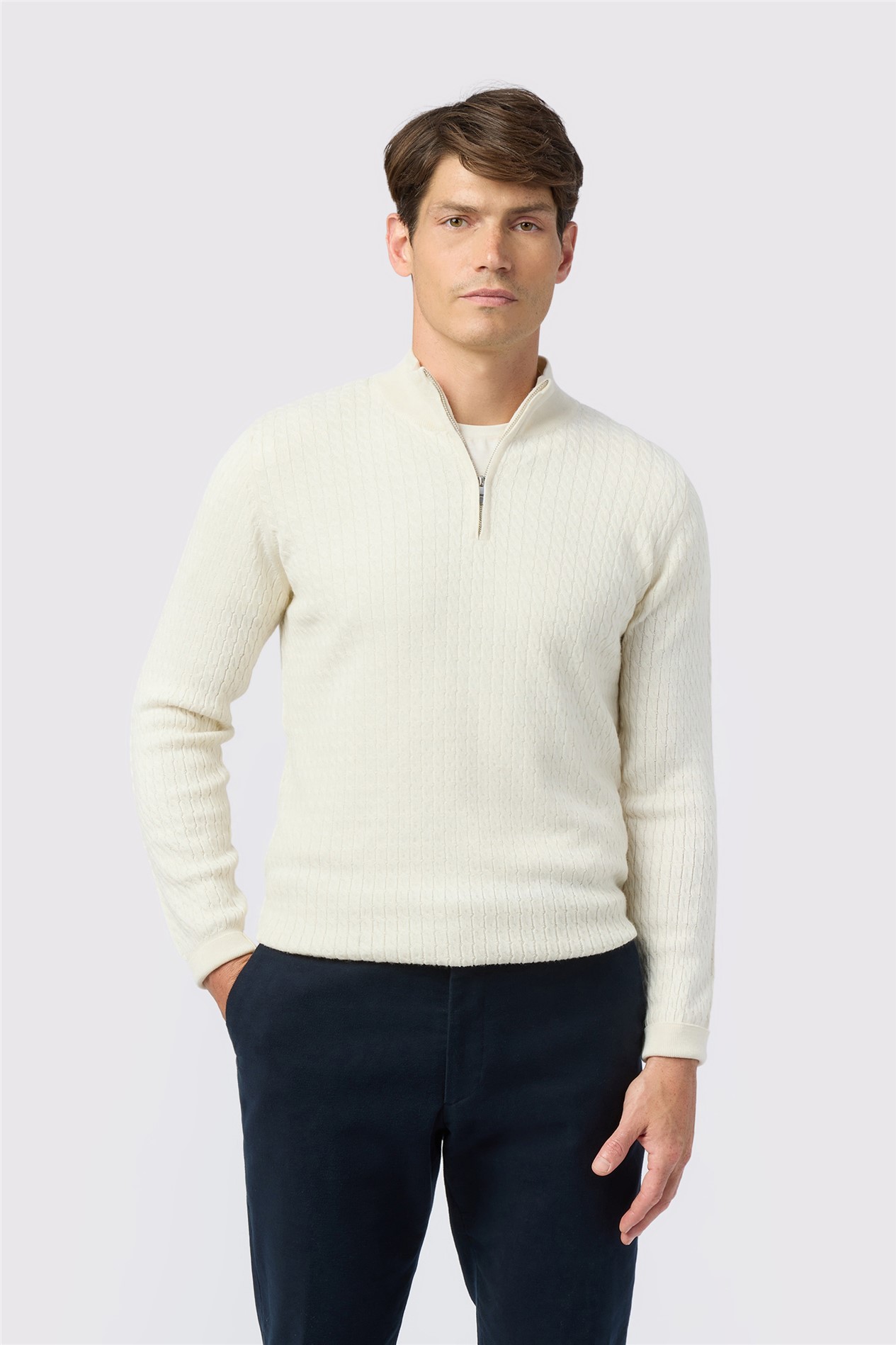 Melka Ecru Zip Neck Cable Knit Jumper