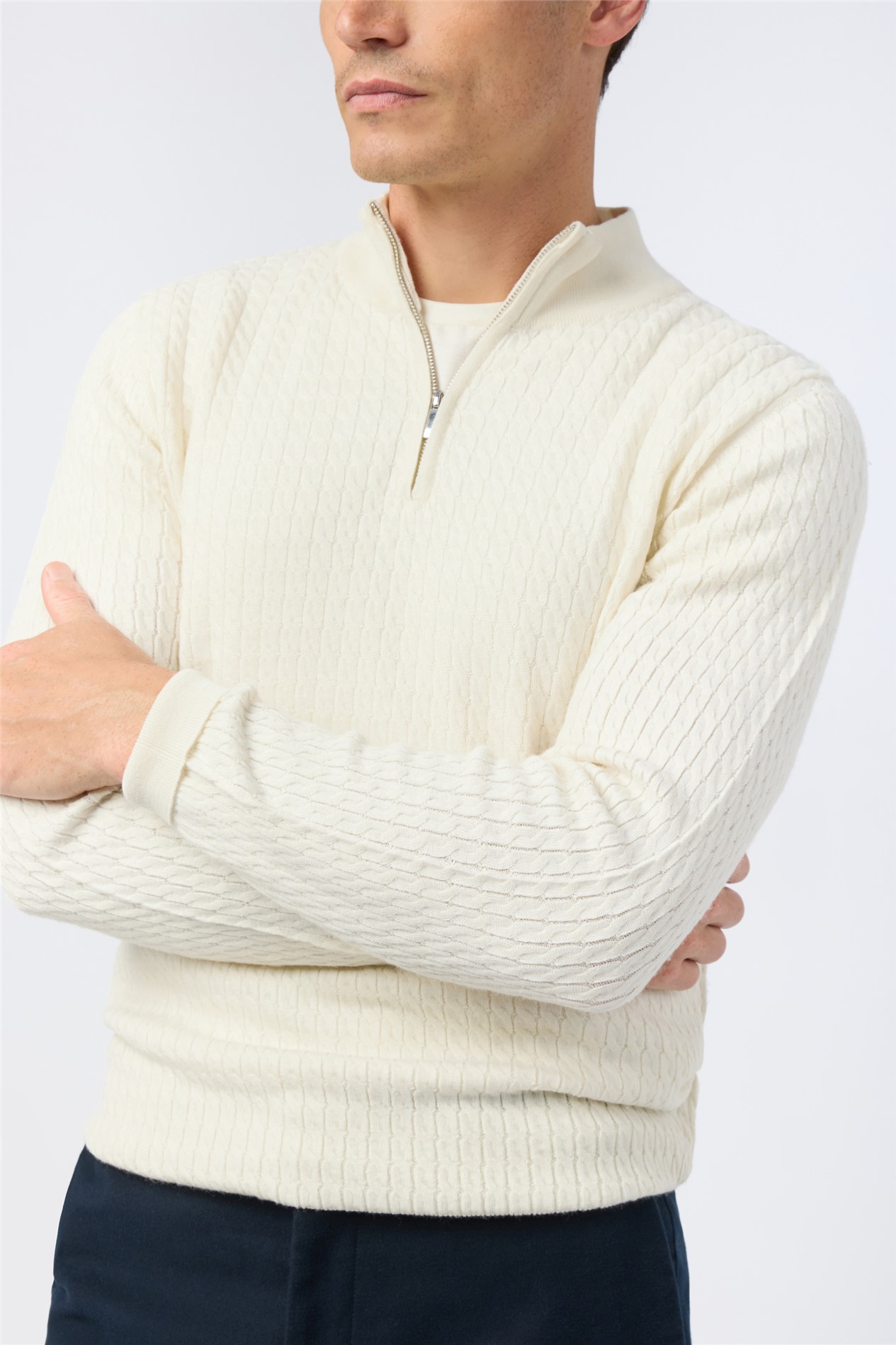 Melka Ecru Zip Neck Cable Knit Jumper