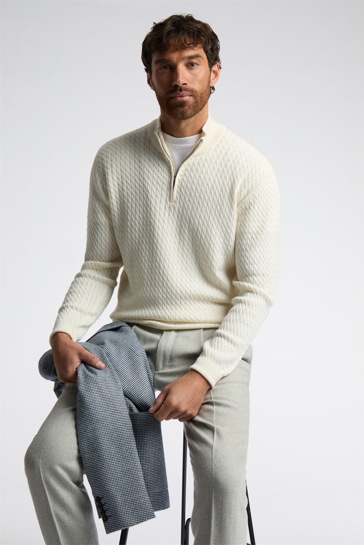Melka Ecru Zip Neck Cable Knit Jumper