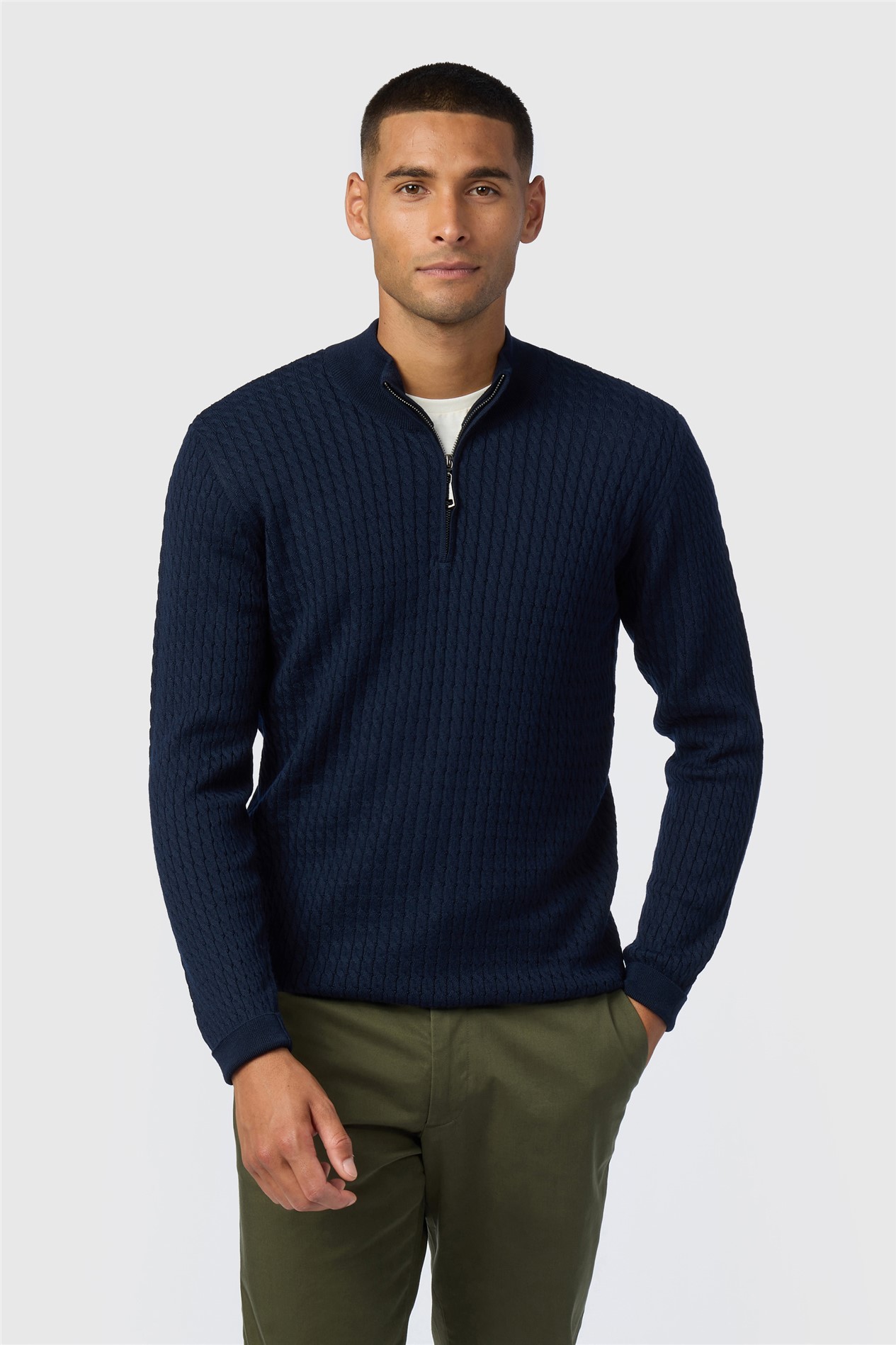 Melka Navy Zip Neck Cable Knit Jumper