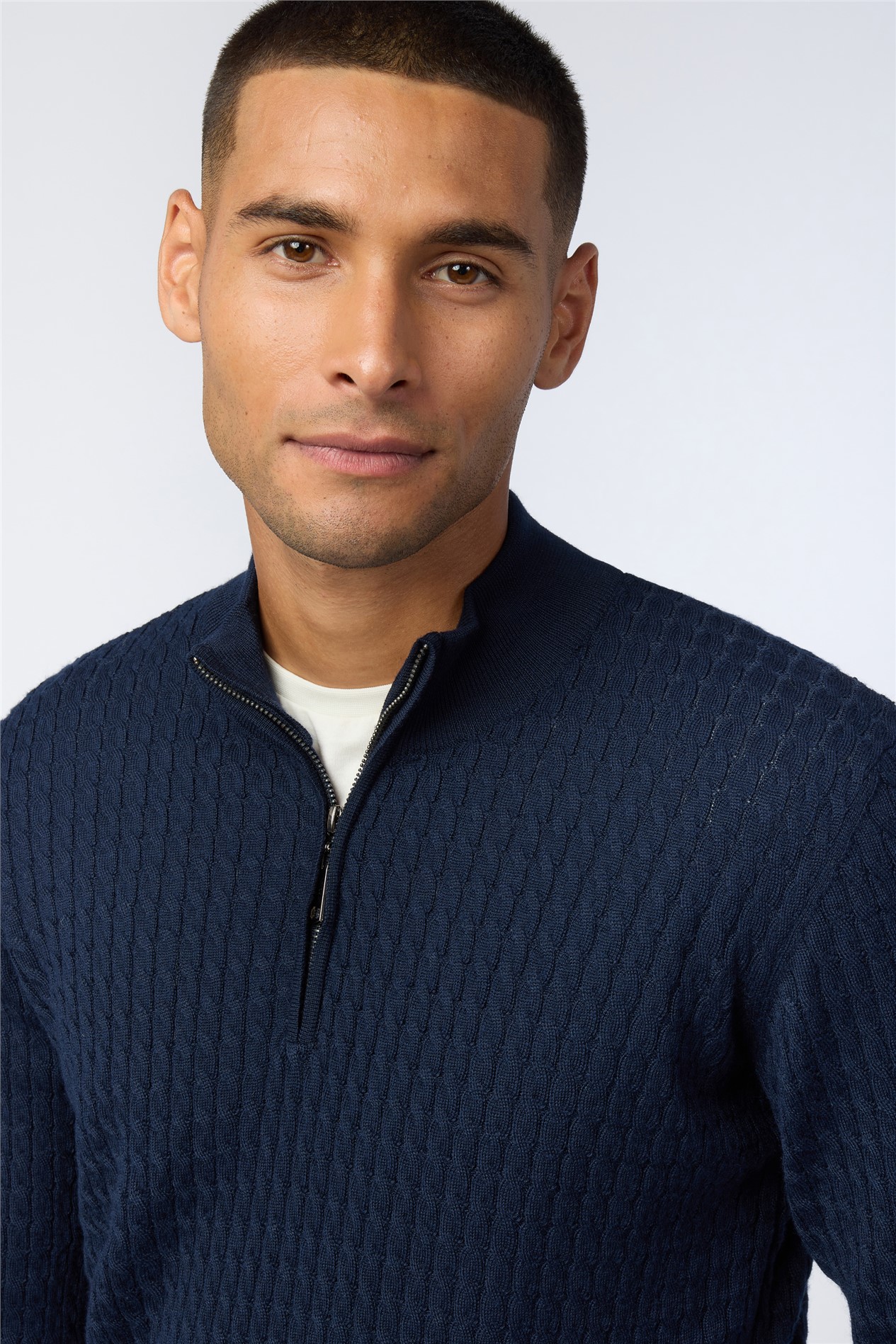 Melka Navy Zip Neck Cable Knit Jumper