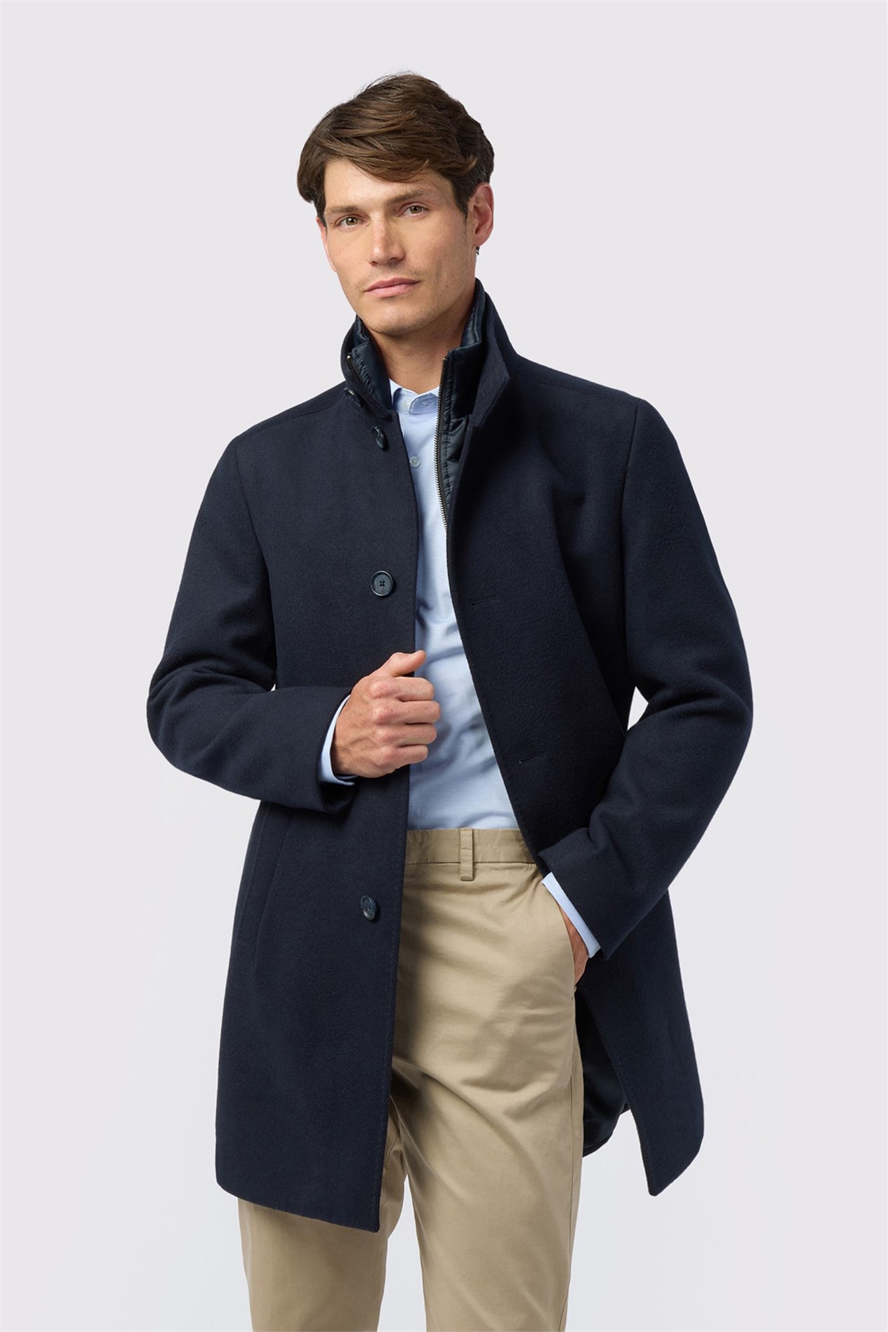 Melka Slim Fit Navy Funnel Neck Overcoat With Padded Insert