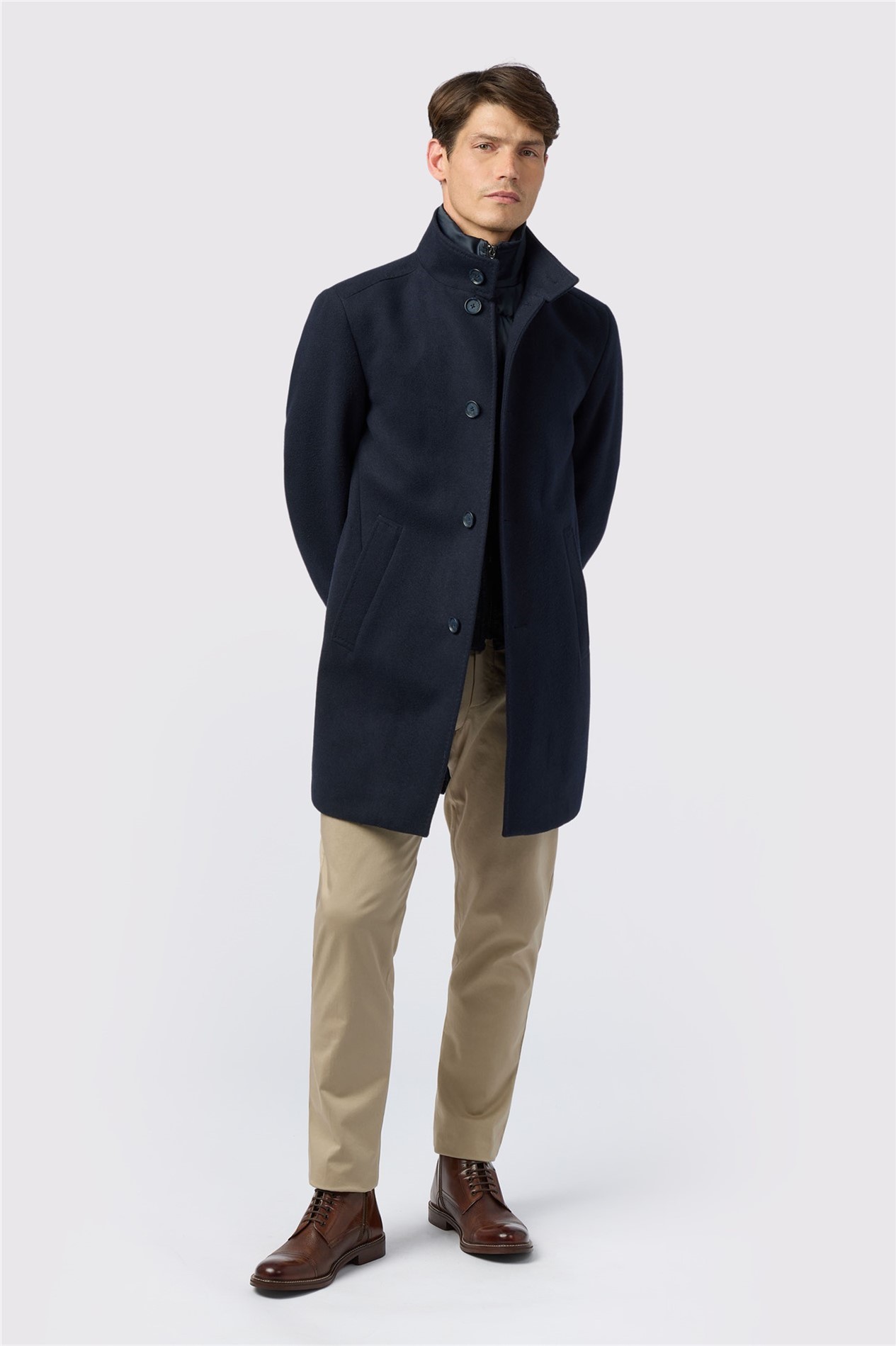 Melka Slim Fit Navy Funnel Neck Overcoat With Padded Insert