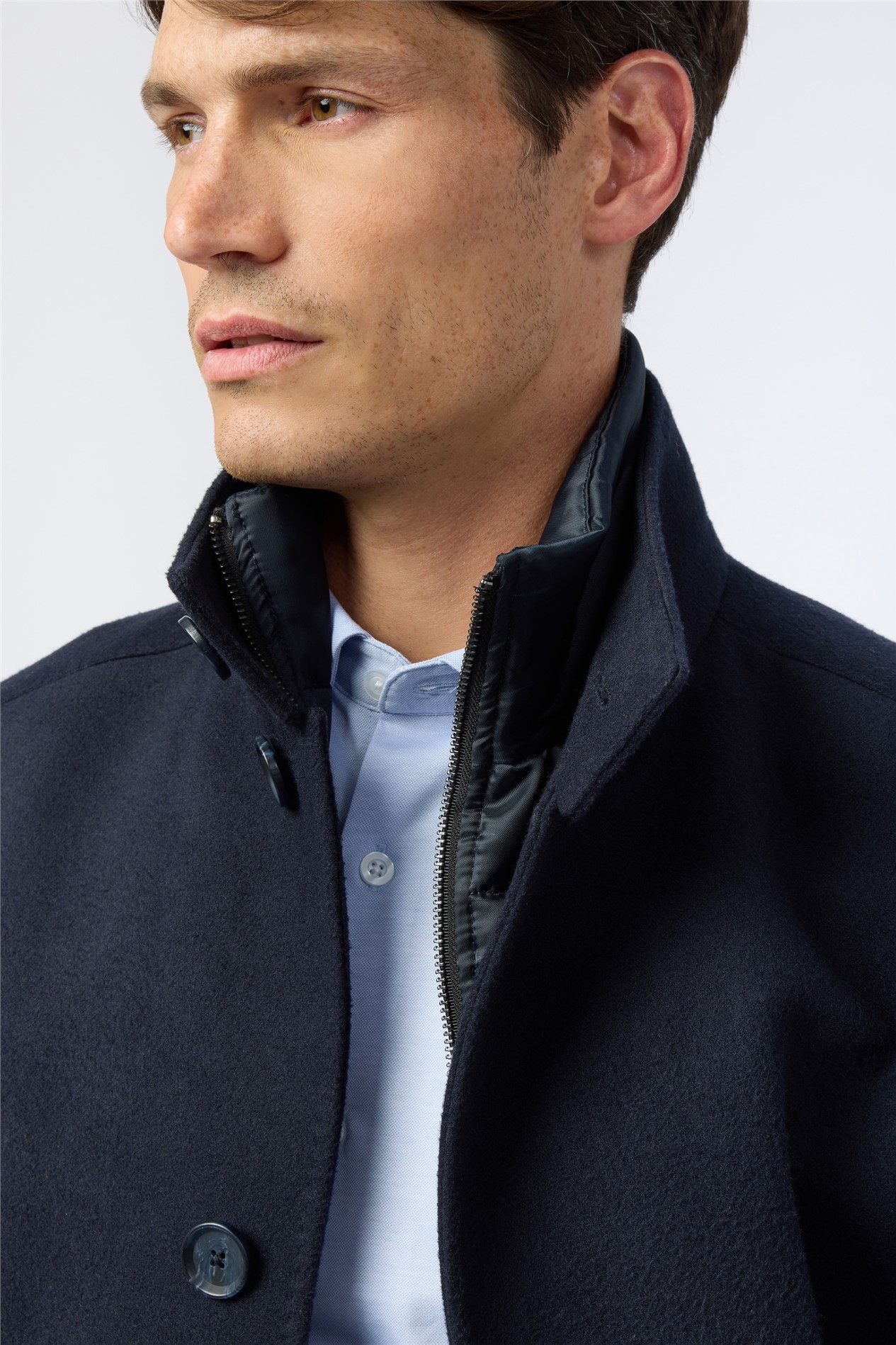 Melka Slim Fit Navy Funnel Neck Overcoat With Padded Insert