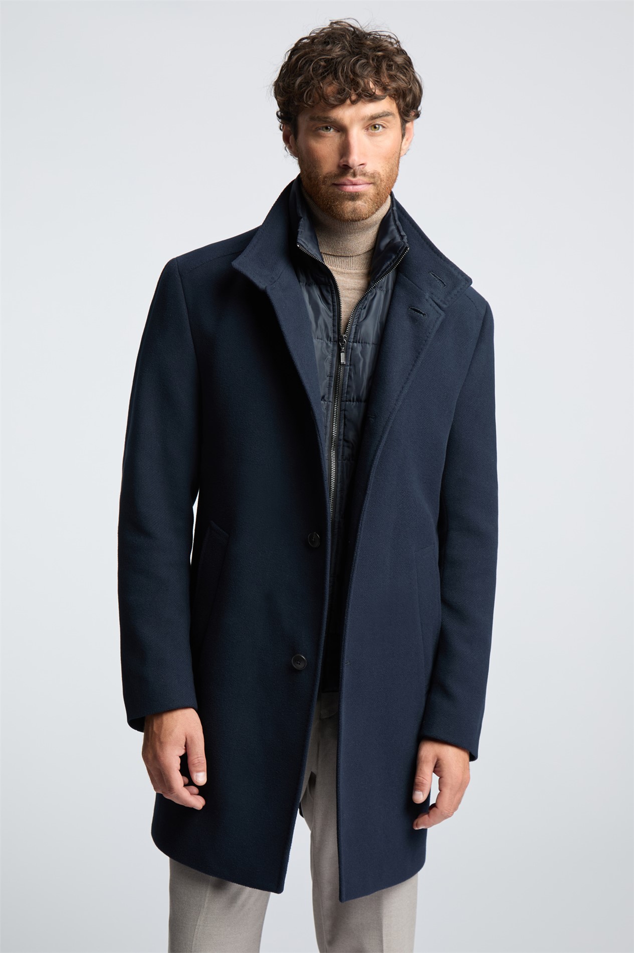 Melka Slim Fit Navy Funnel Neck Overcoat With Padded Insert