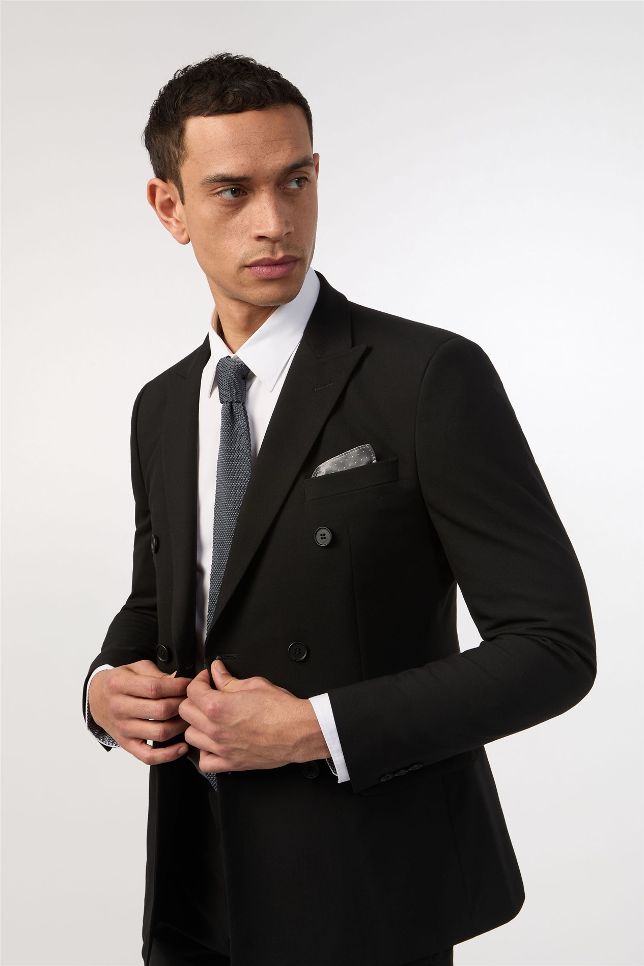 Limehaus Slim Fit Black Stretch Double Breasted Suit Jacket