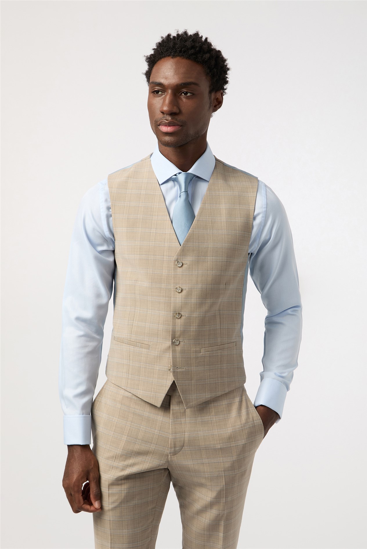 Alexandre Tailored Fit Stone Blue Check Waistcoat