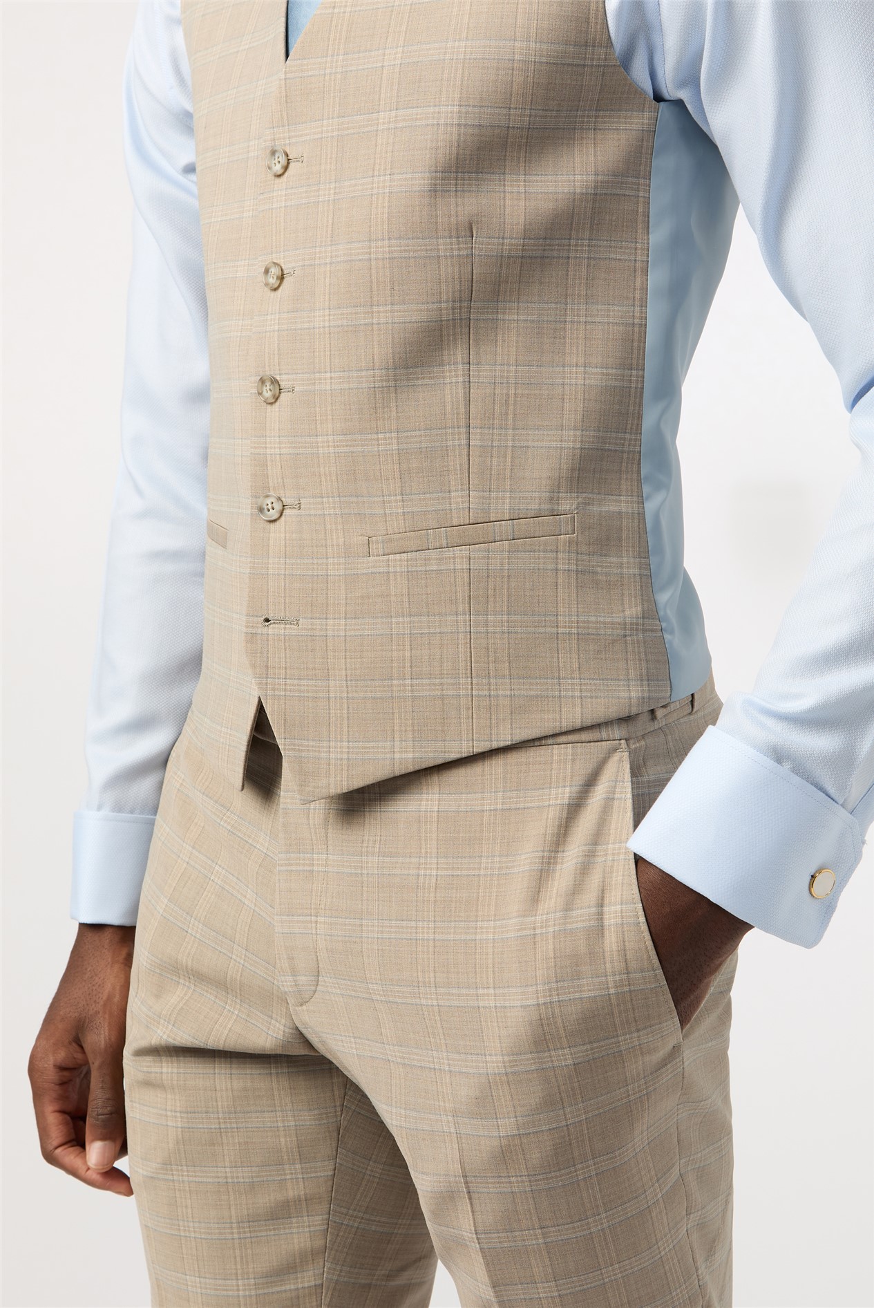 Alexandre Tailored Fit Stone Blue Check Waistcoat