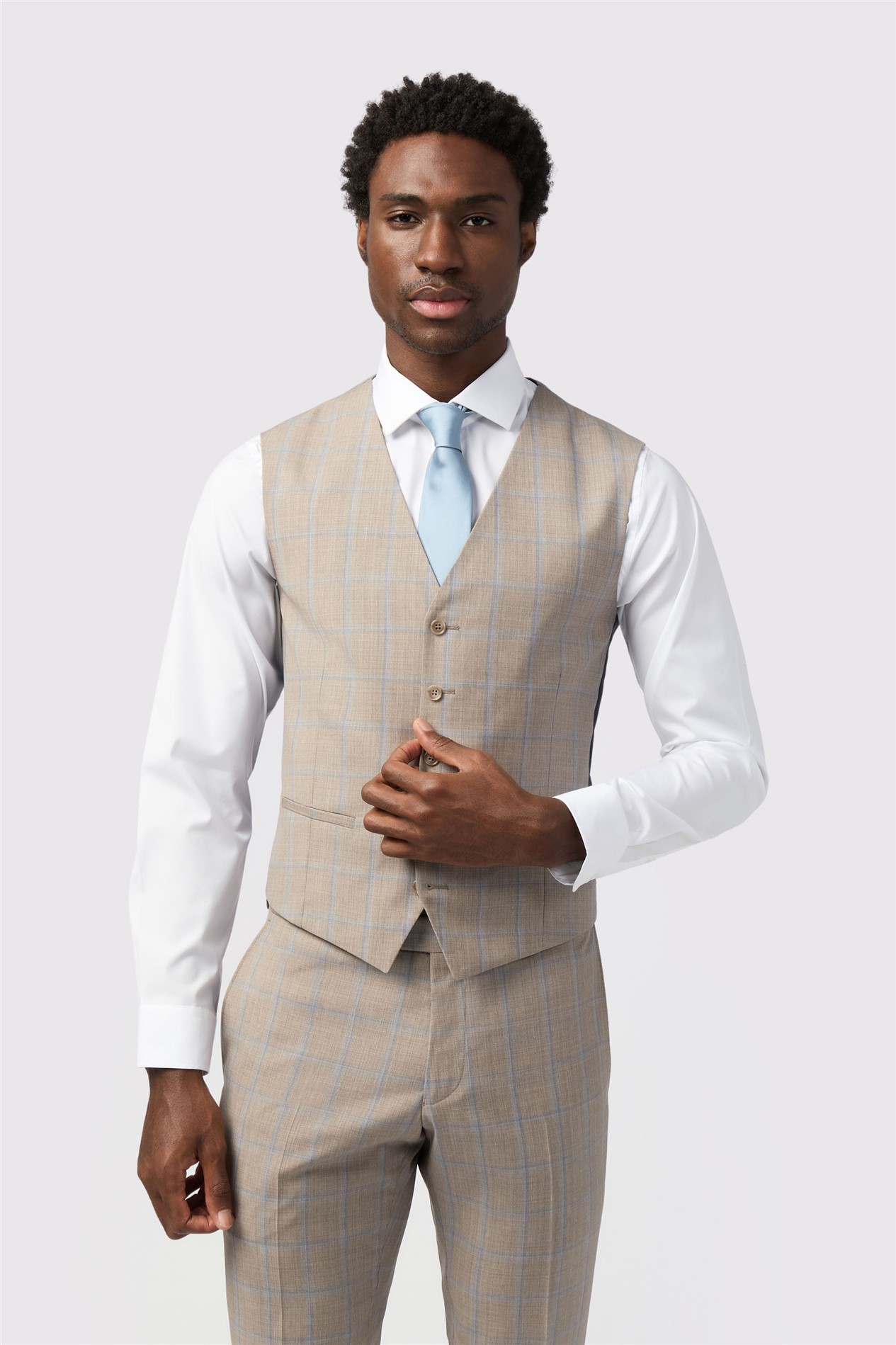 Alexandre Slim Fit Italian Oatmeal Blue Check Waistcoat