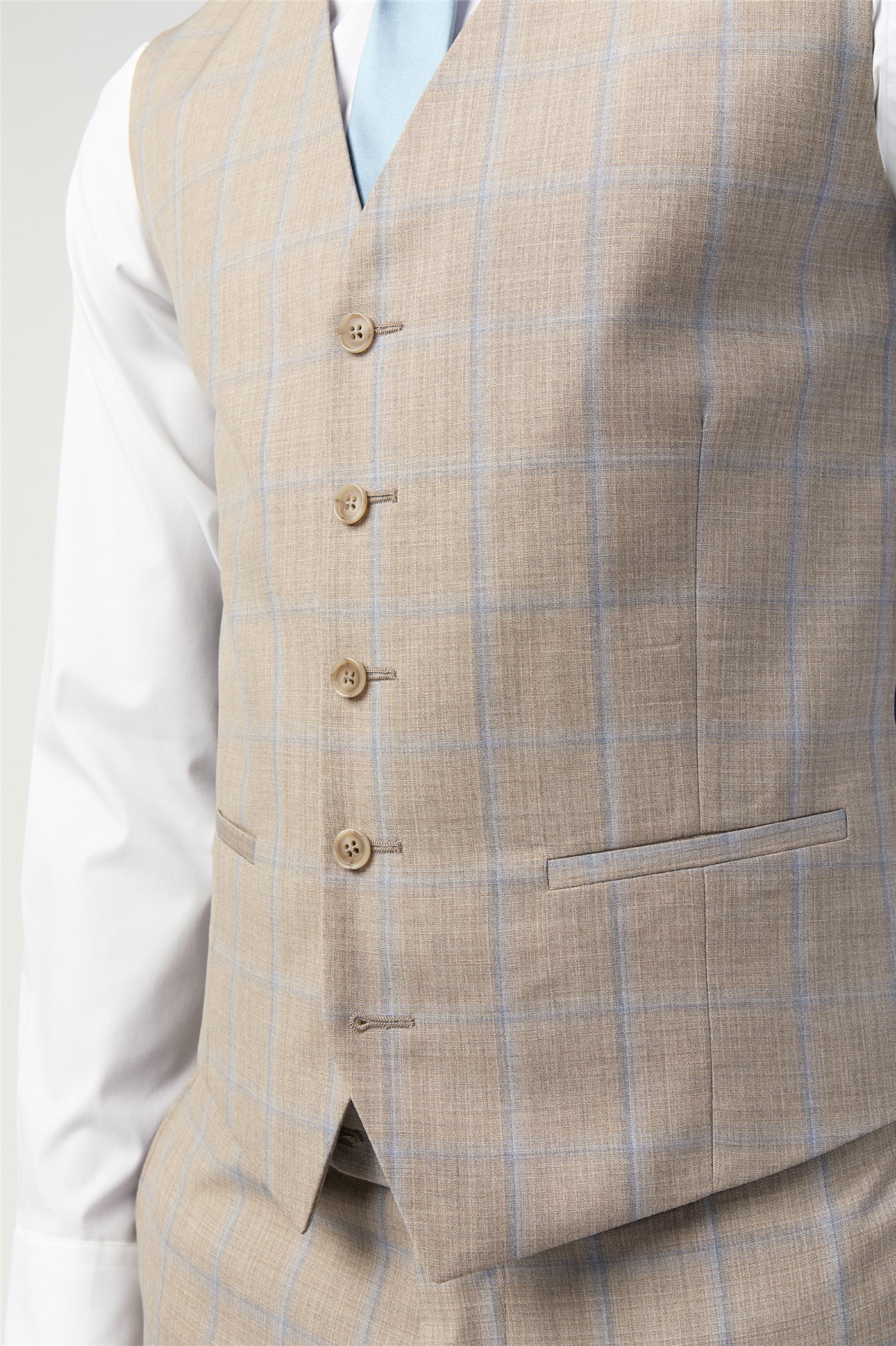 Alexandre Slim Fit Italian Oatmeal Blue Check Waistcoat