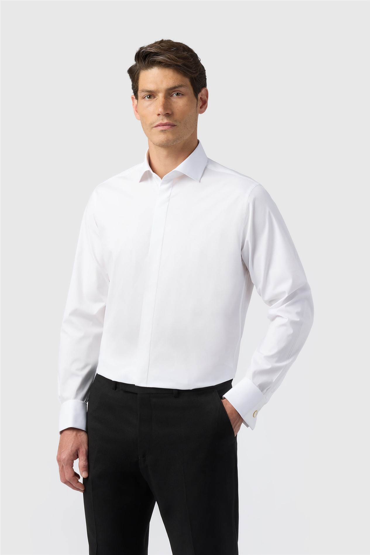 Limehaus Tailored Fit White Stretch Cutaway Collar Double Cuff Shirt
