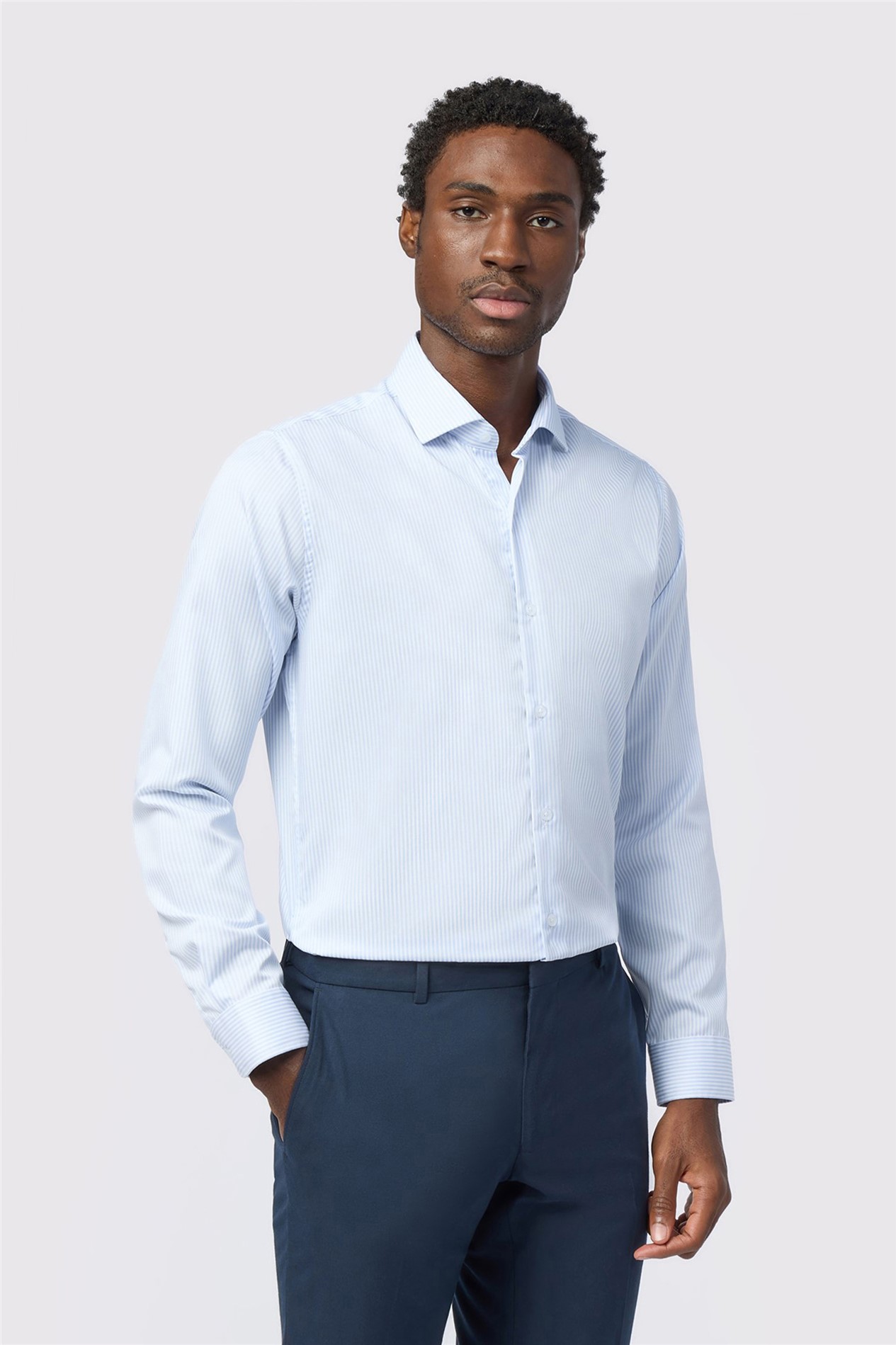Alexandre Tailored Fit White & Blue Non-Iron Stripe Single Cuff Shirt