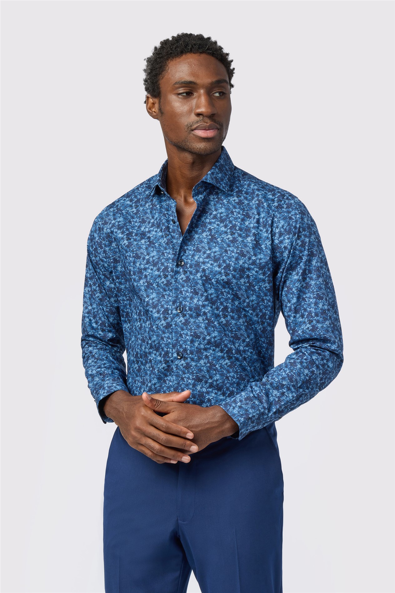 Alexandre Tailored Fit Navy Watercolour Floral Print Shirt
