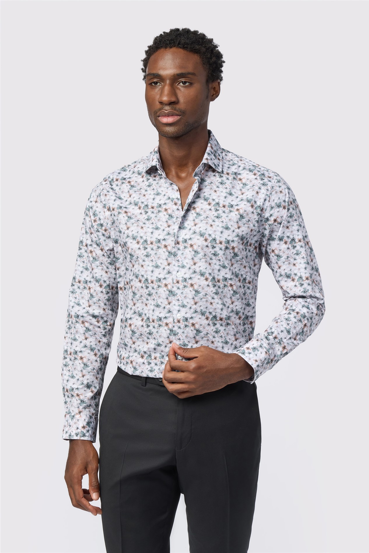 Alexandre Tailored Fit Ecru Watercolour Floral Print Shirt
