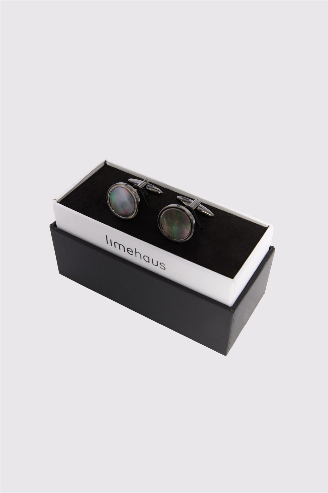 Limehaus Gunmetal Round Classic Mother of Pearl Cufflinks