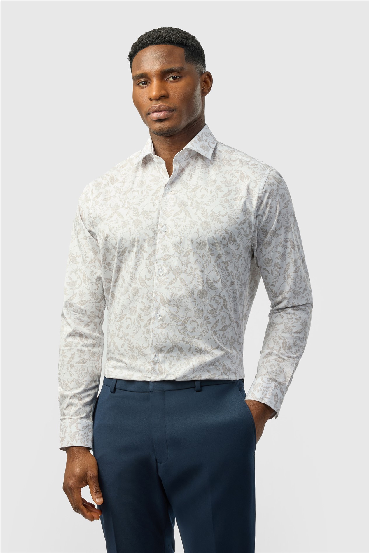 Alexandre Tailored Fit Taupe Paisley Print Single Cuff Shirt