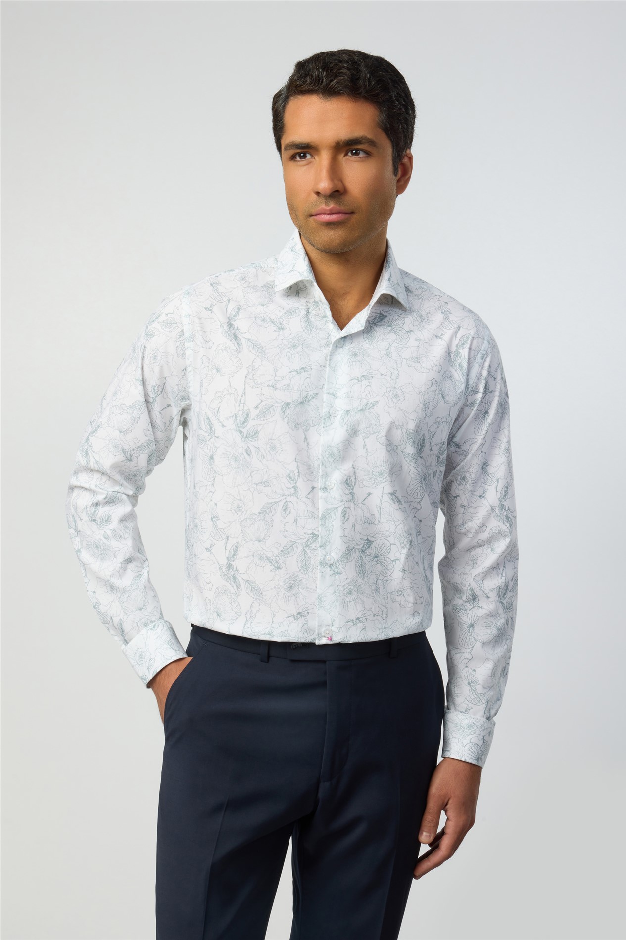 Alexandre Tailored Fit Airforce Sketch Floral Shirt