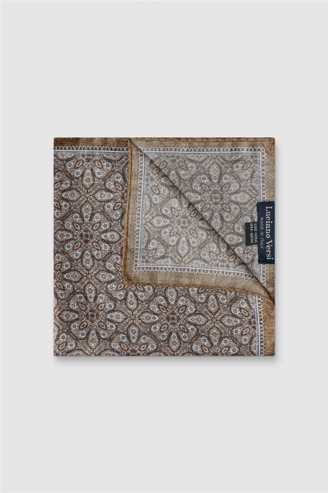 Luciano Versi by Bottinelli Amalfi Tan Italian Silk Floral Motif Pocket Square