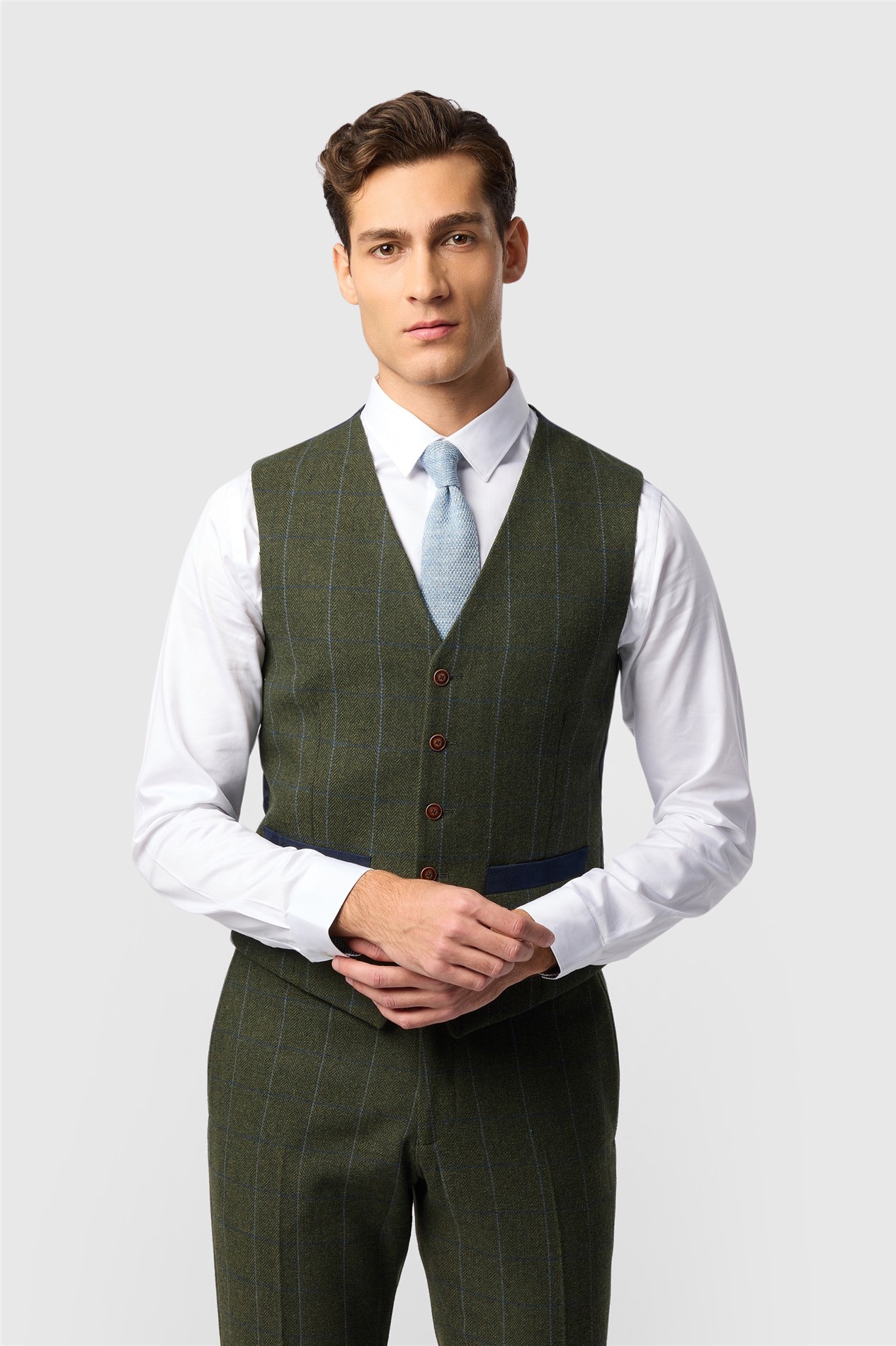 Antique Rogue Slim Fit Hooper Green And Blue Check Tweed Waistcoat