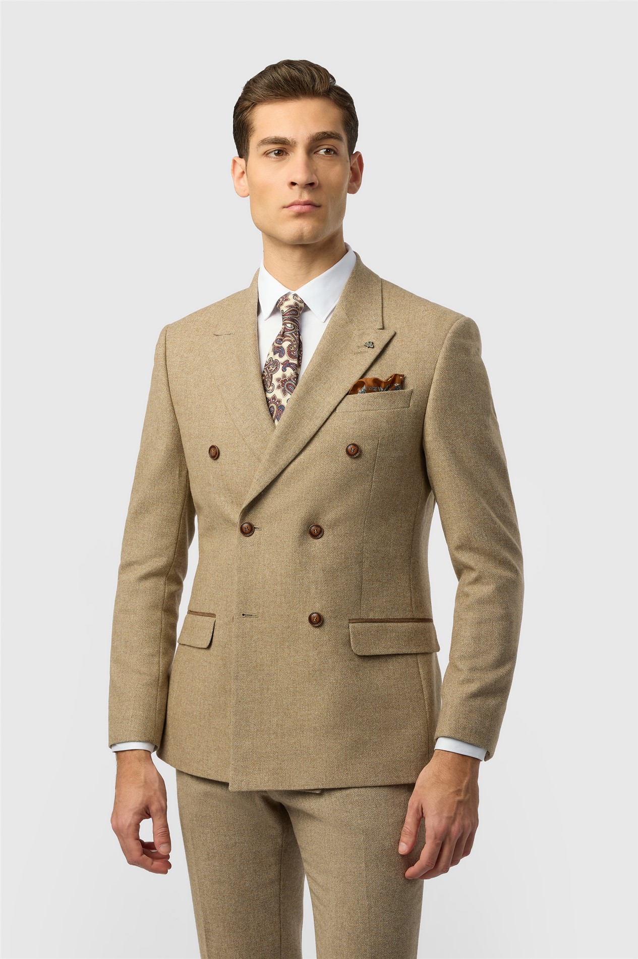 Antique Rogue Slim Fit Baxter Double Breasted Camel Herringbone Tweed Jacket