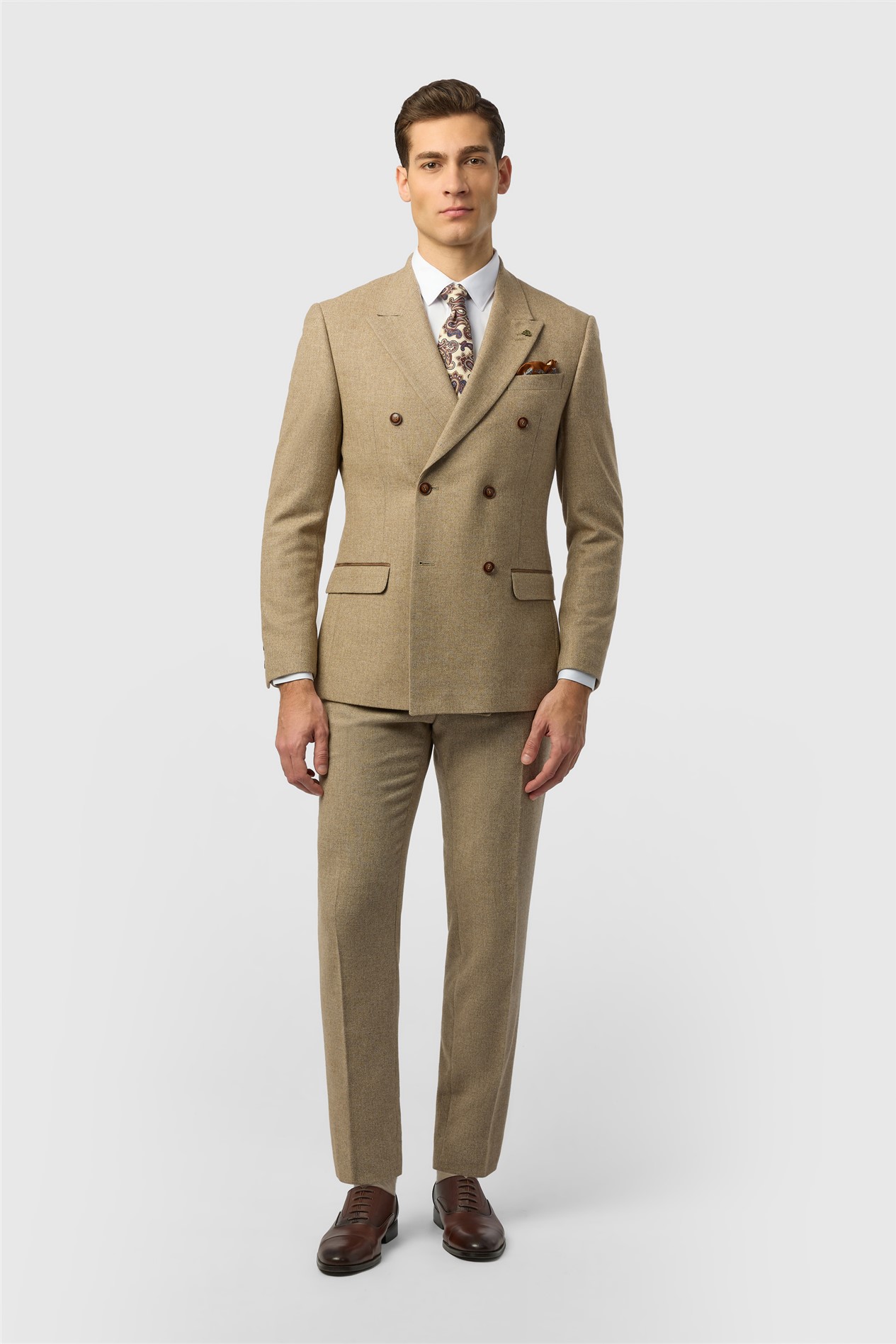Antique Rogue Slim Fit Baxter Double Breasted Camel Herringbone Tweed Jacket