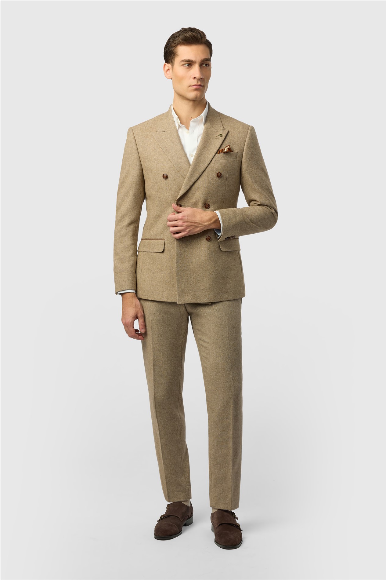 Antique Rogue Slim Fit Baxter Double Breasted Camel Herringbone Tweed Jacket