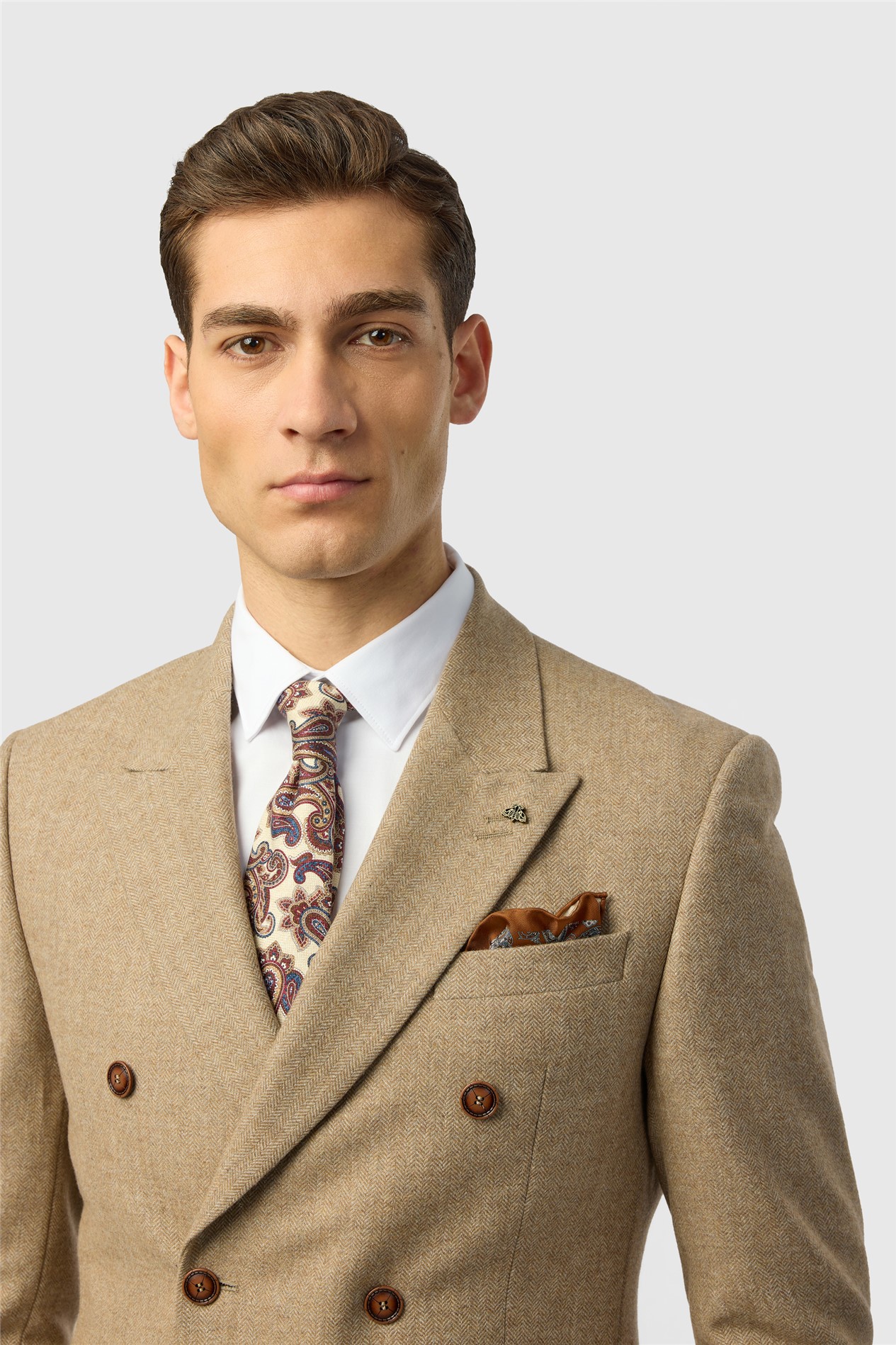 Antique Rogue Slim Fit Baxter Double Breasted Camel Herringbone Tweed Jacket