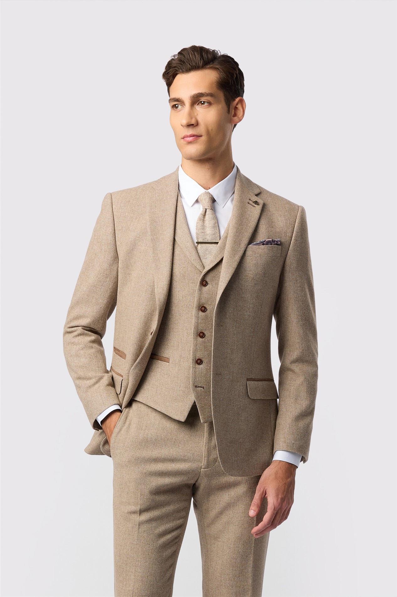 Antique Rogue Slim Fit Camel Herringbone Tweed Jacket