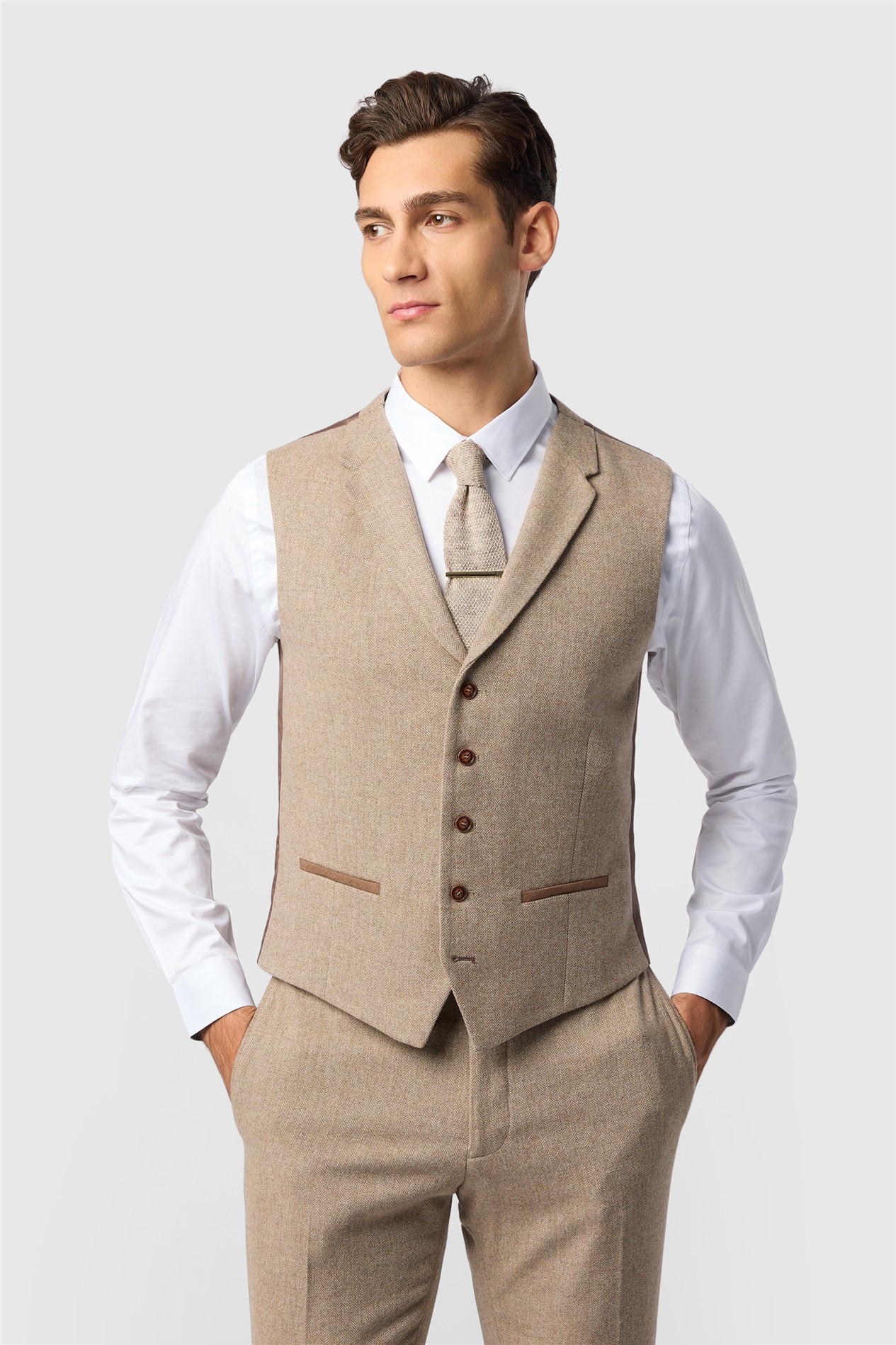 Antique Rogue Slim Fit Camel Herringbone Tweed Waistcoat