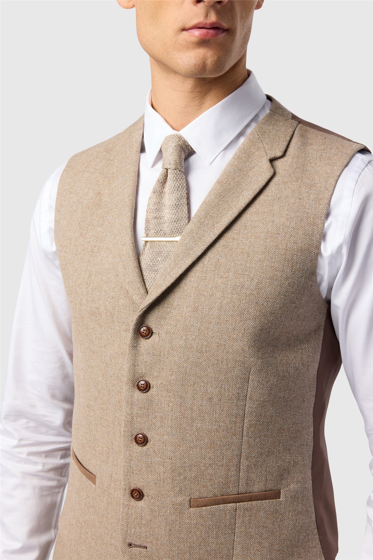 Antique Rogue Slim Fit Camel Herringbone Tweed Waistcoat
