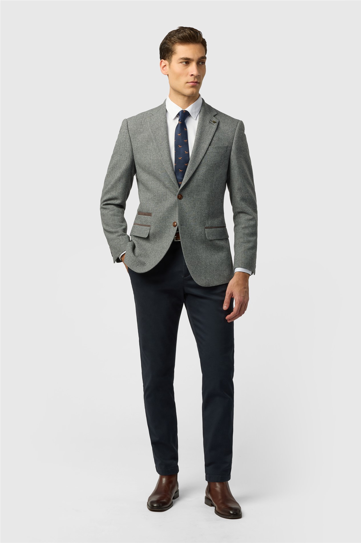 Antique Rogue Slim Fit Grey Herringbone Tweed Jacket
