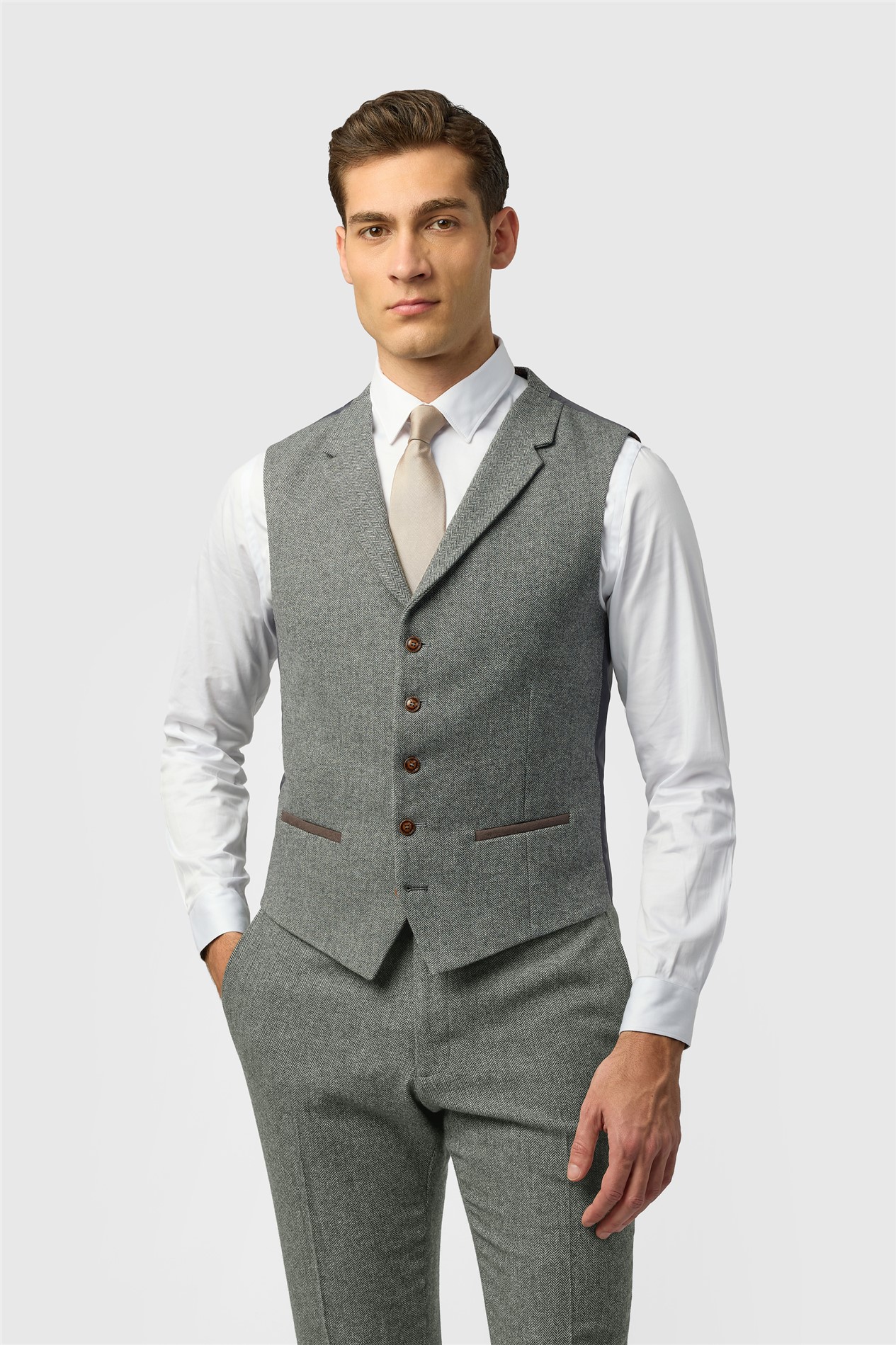 Antique Rogue Slim Fit Grey Herringbone Tweed Waistcoat