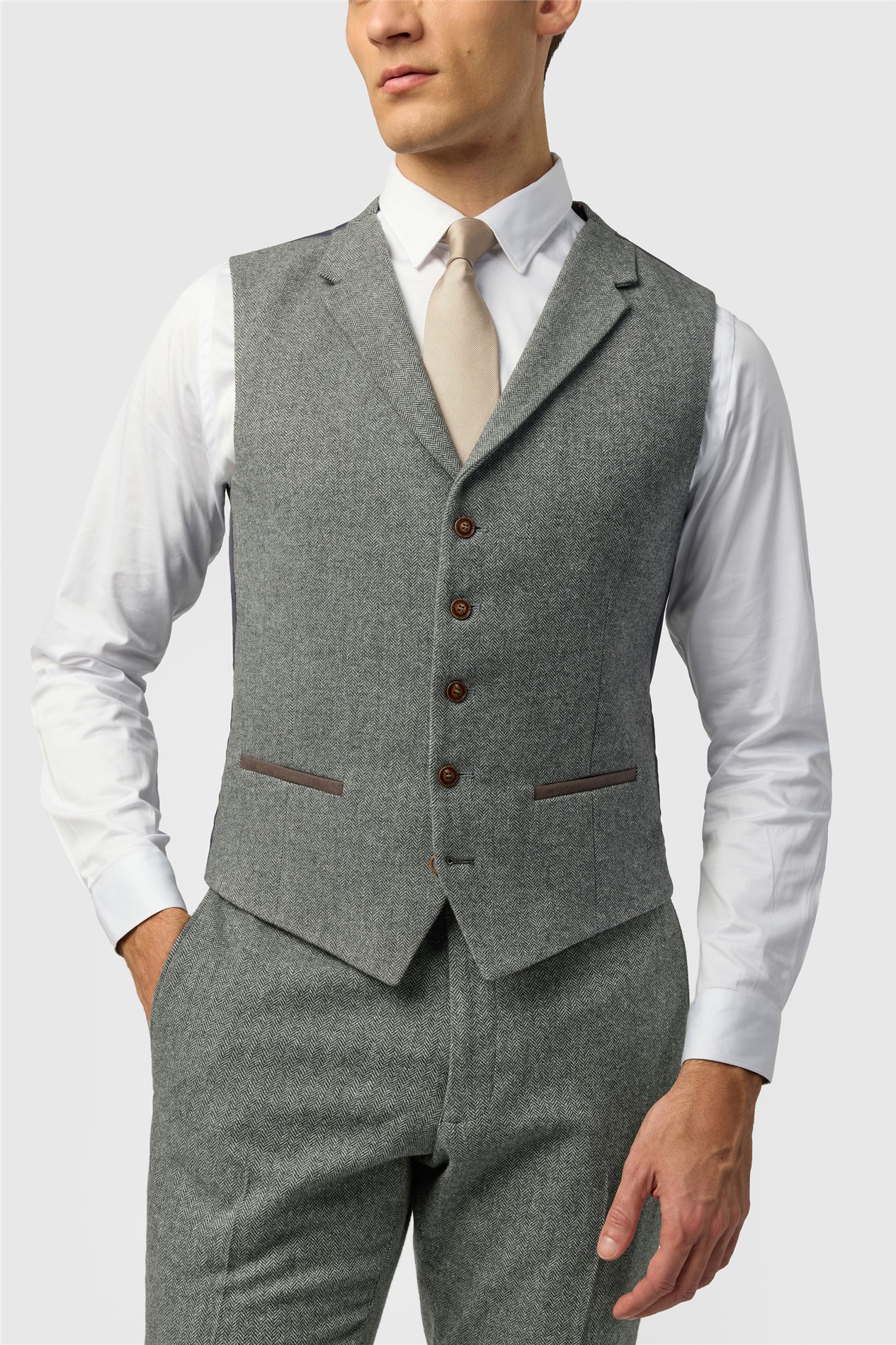 Antique Rogue Slim Fit Grey Herringbone Tweed Waistcoat