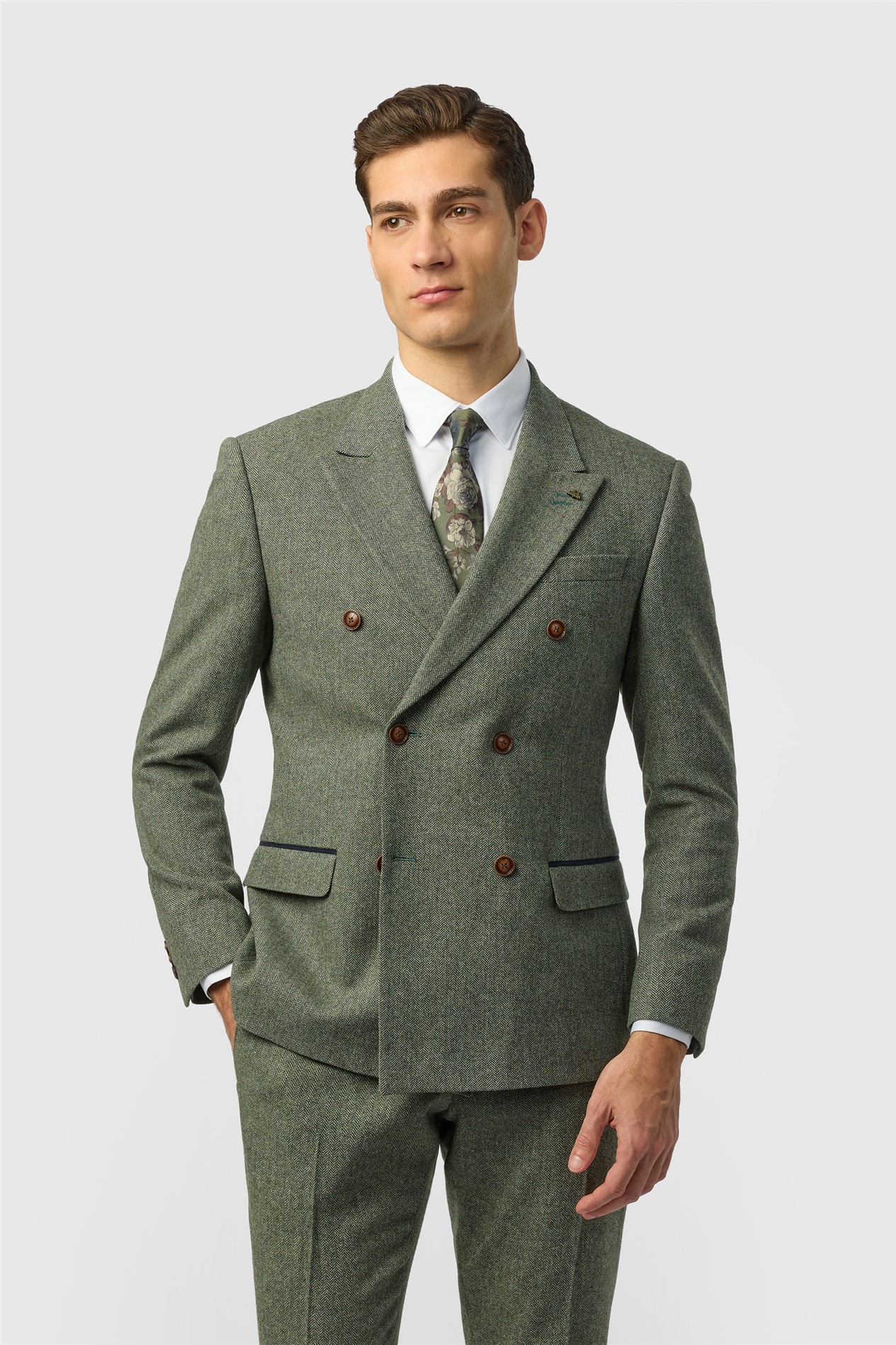 Antique Rogue Slim Fit Baxter Double Breasted Sage Herringbone Tweed Jacket