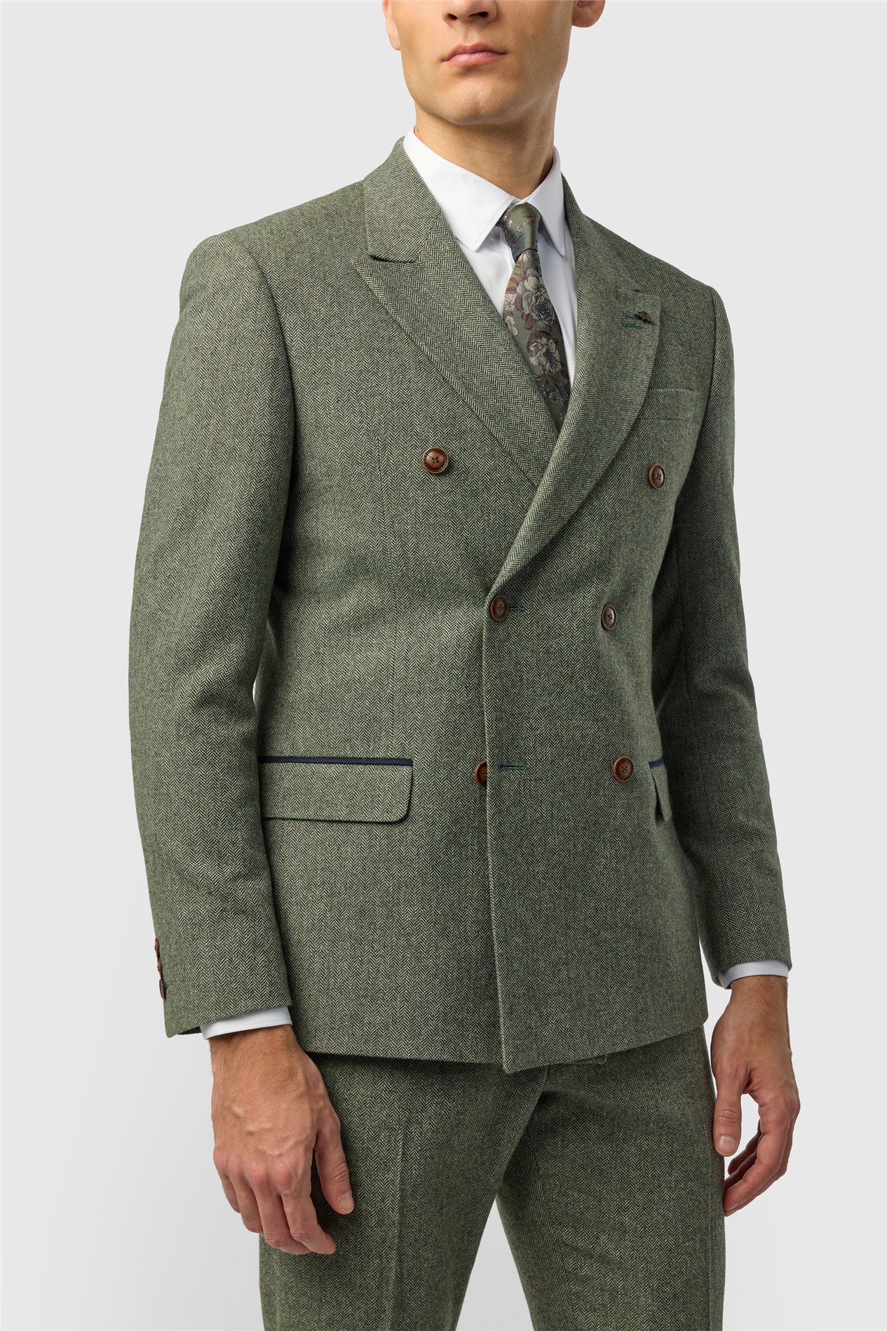Antique Rogue Slim Fit Baxter Double Breasted Sage Herringbone Tweed Jacket