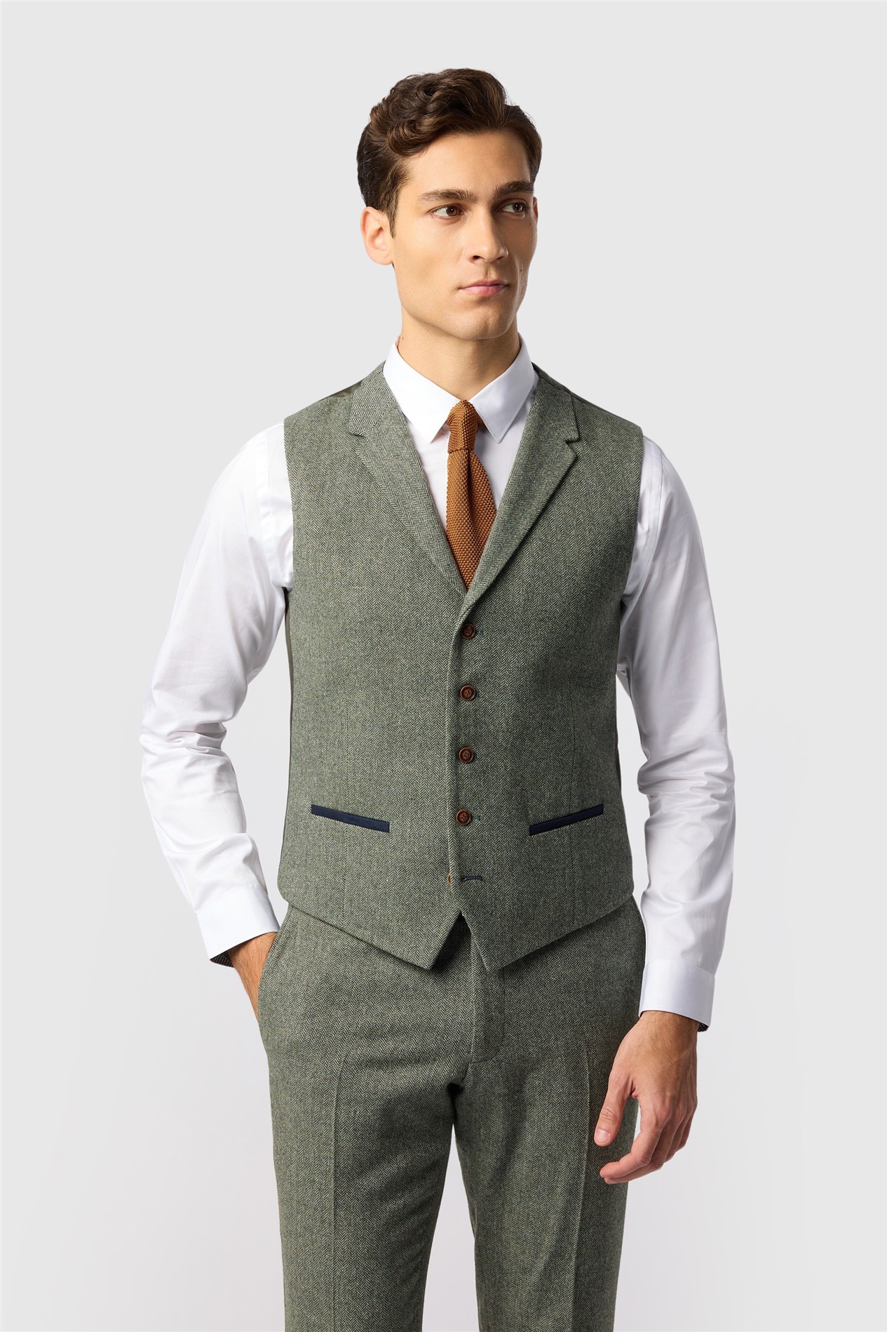 Antique Rogue Slim Fit Baxter Sage Herringbone Tweed Waistcoat