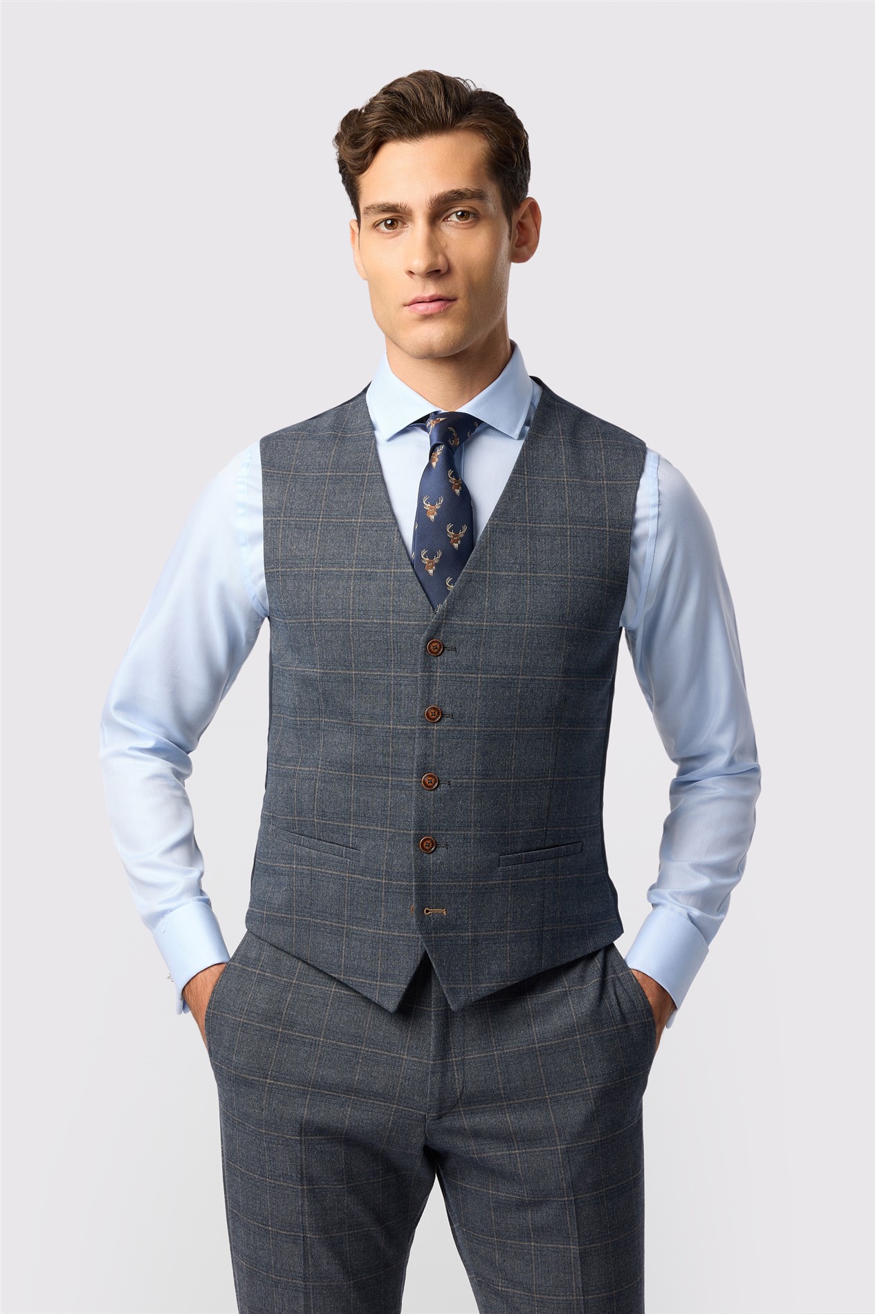 Antique Rogue Tailored Fit Maddoc Charcoal Tan Check Waistcoat
