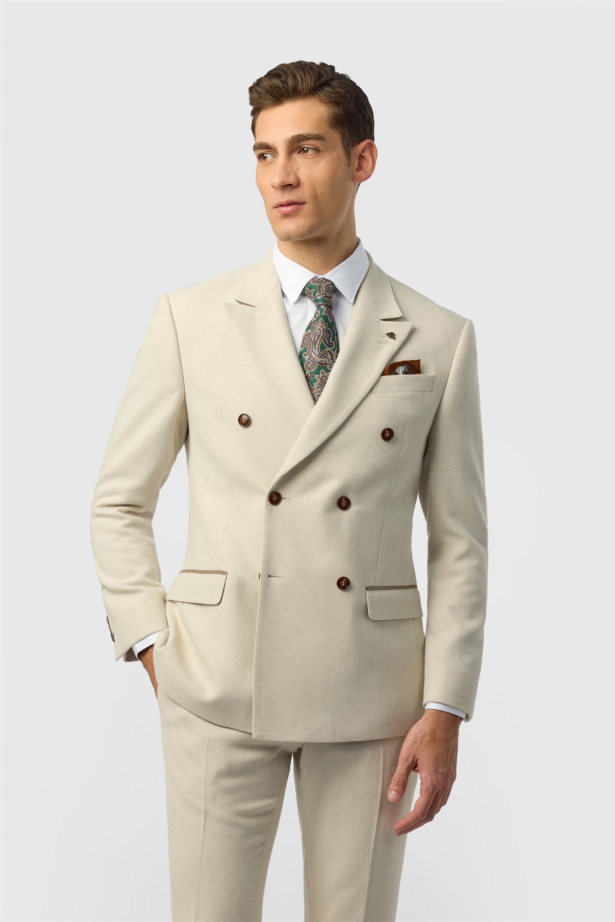 Antique Rogue Slim Fit Baxter Double Breasted Ecru Herringbone Tweed Jacket